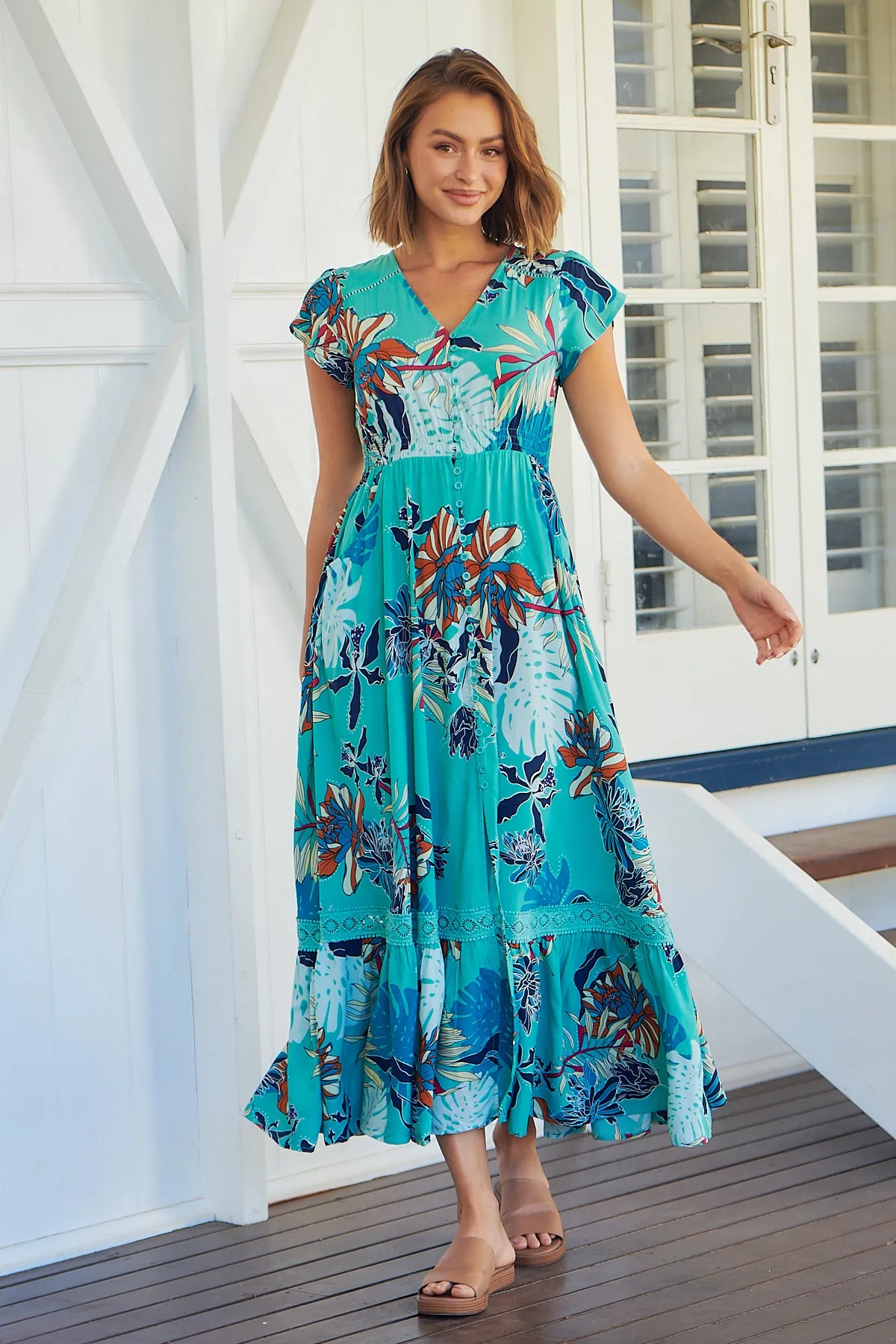 Augustina Button Front Aqua Print Maxi Dress