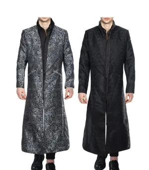 Black/Silver Brocade Mens Reversible Long Coat - Wholesale