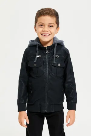 Boys Black Hooded Biker Jacket