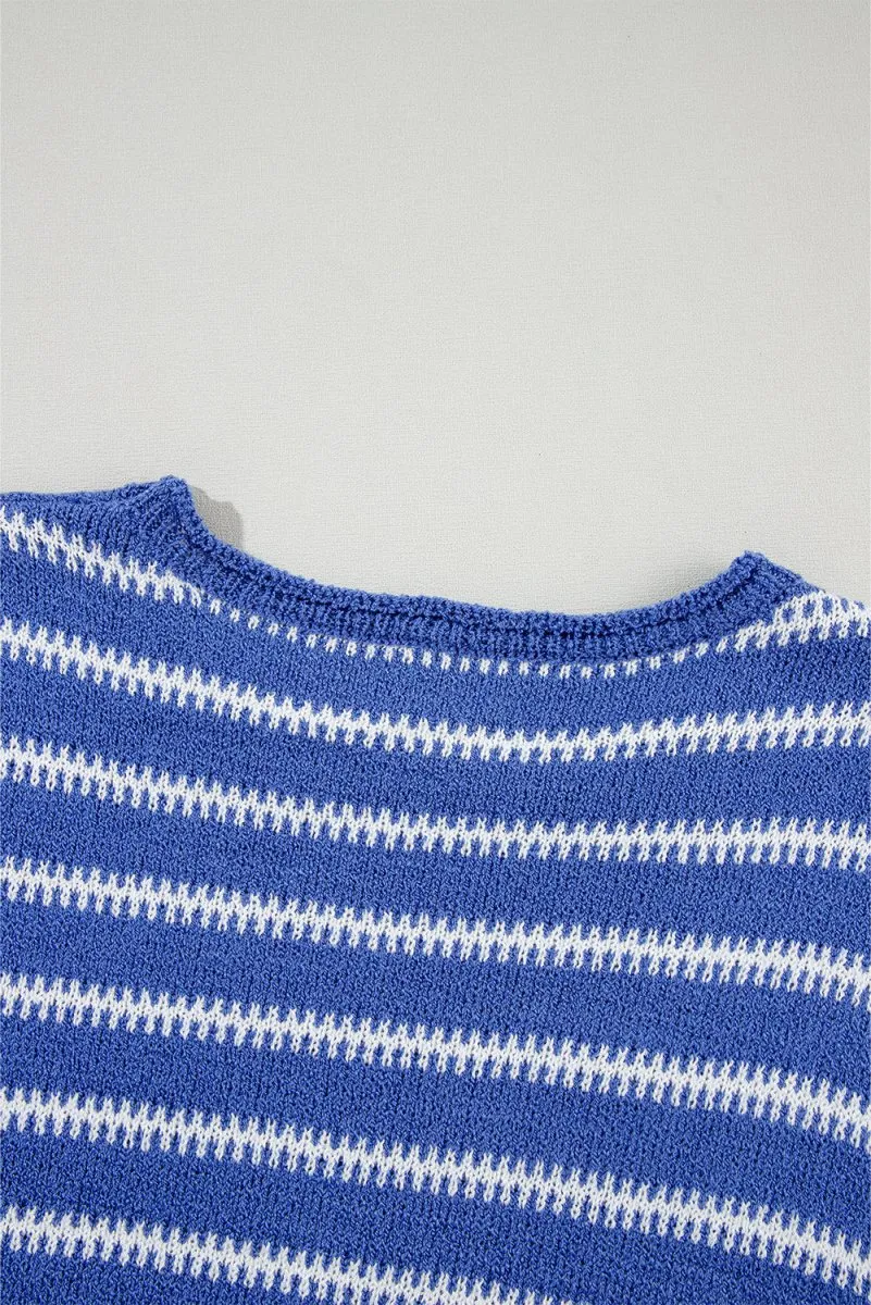 Casual Blue Stripe Drop Shoulder Sweater