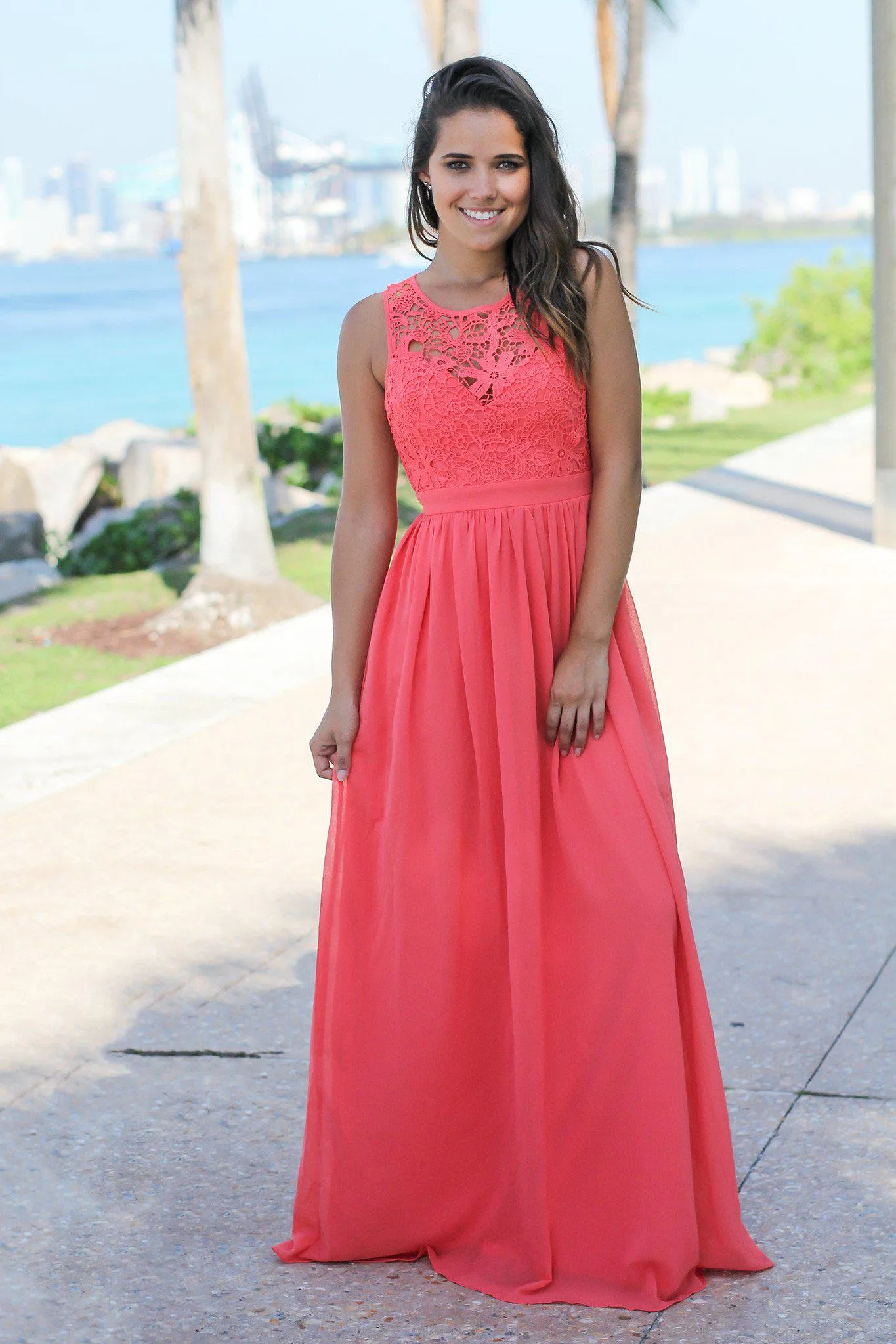 Coral Crochet Maxi Dress with Open Back