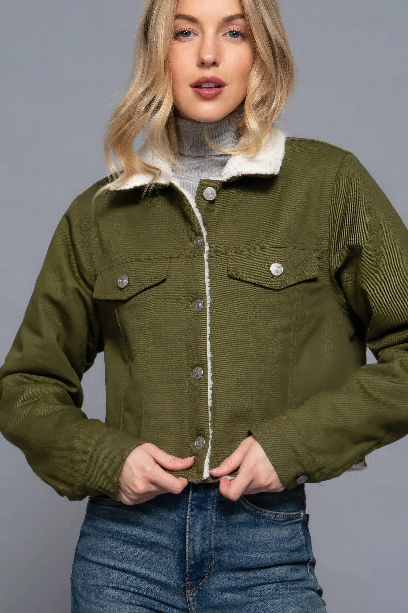 Cozy Button Closure Sherpa-Lined Twill Jacket in Olive | Fashion M&J