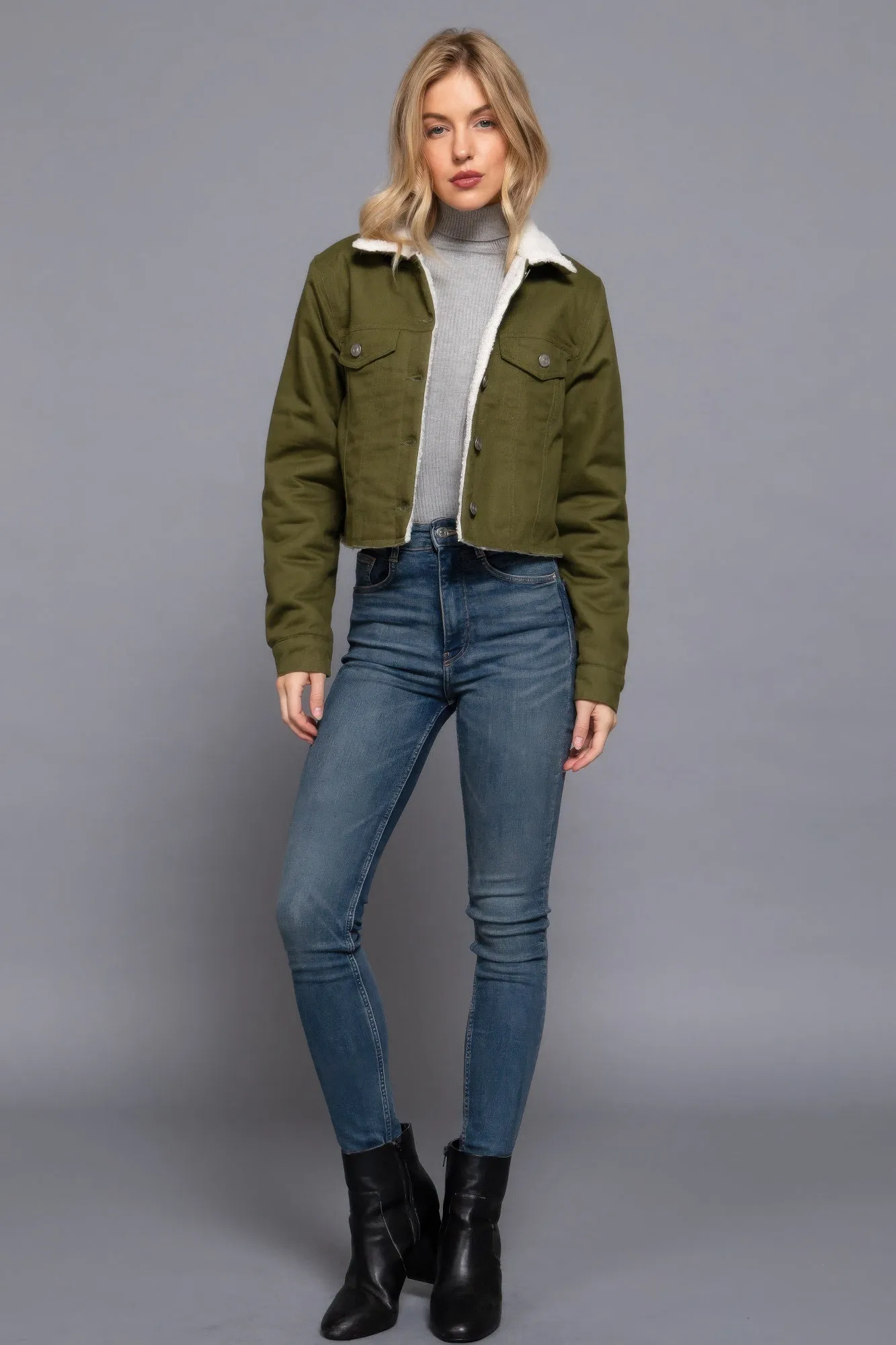 Cozy Button Closure Sherpa-Lined Twill Jacket in Olive | Fashion M&J