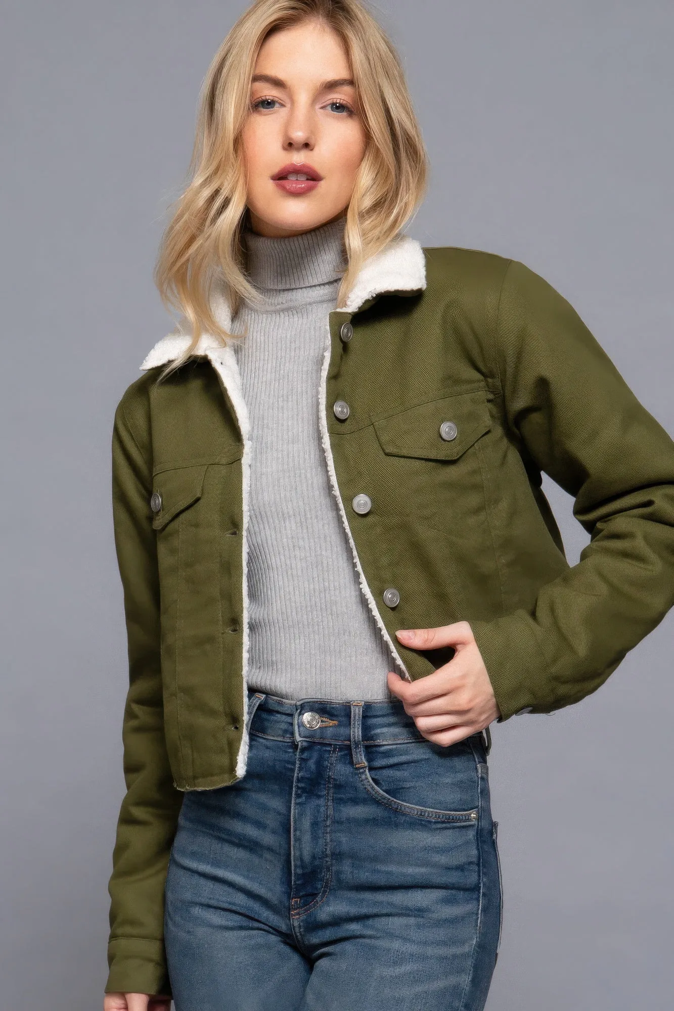 Cozy Button Closure Sherpa-Lined Twill Jacket in Olive | Fashion M&J