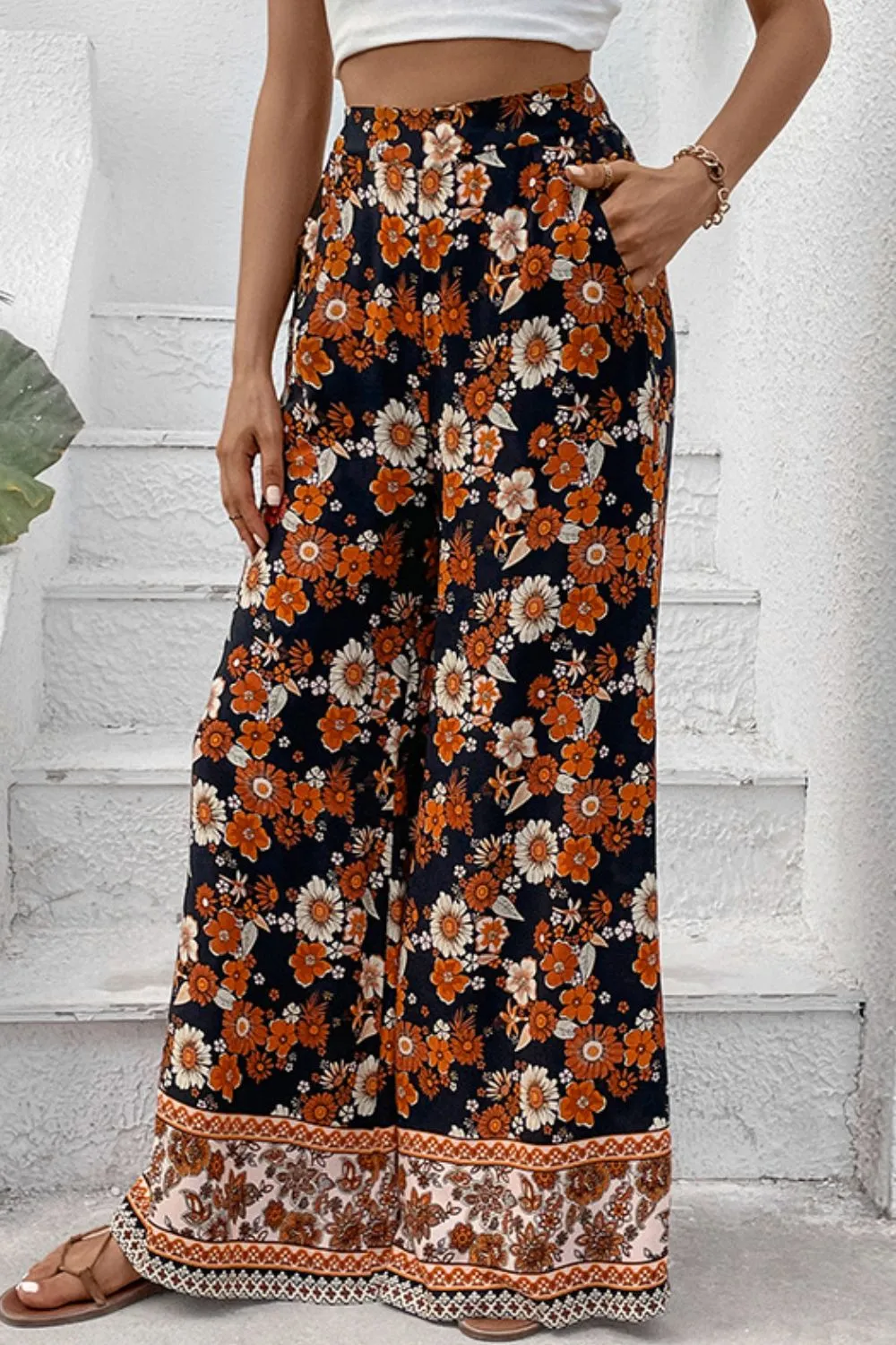 Floral Wide Leg Pants with Pockets, Boho