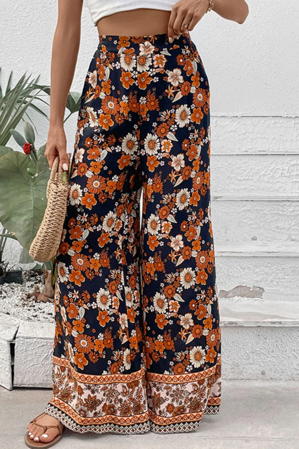 Floral Wide Leg Pants with Pockets, Boho