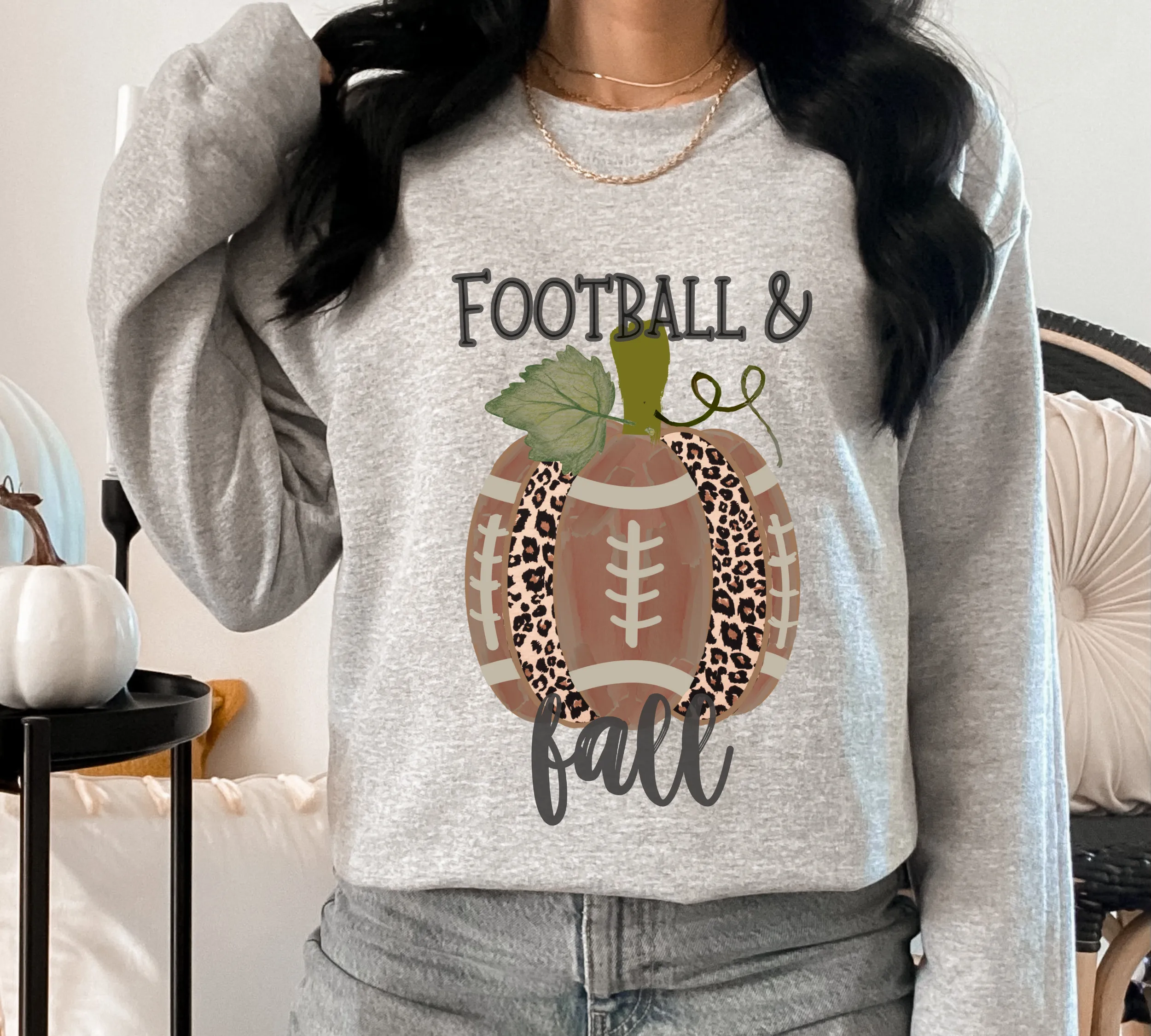 Football and Fall Women's Crewneck Sweatshirt, Cute Watercolor Football Pumpkin Fall Shirt