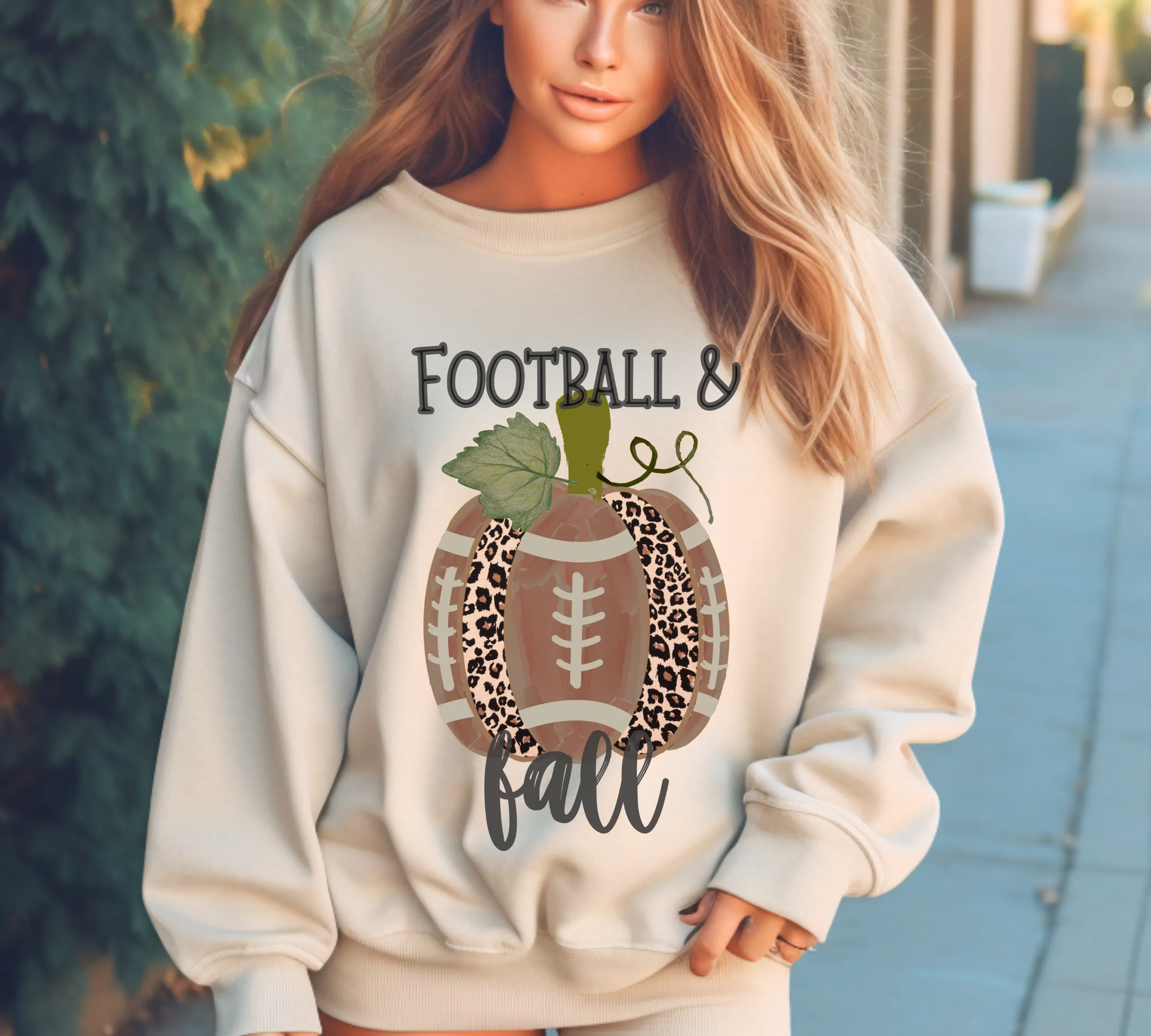 Football and Fall Women's Crewneck Sweatshirt, Cute Watercolor Football Pumpkin Fall Shirt