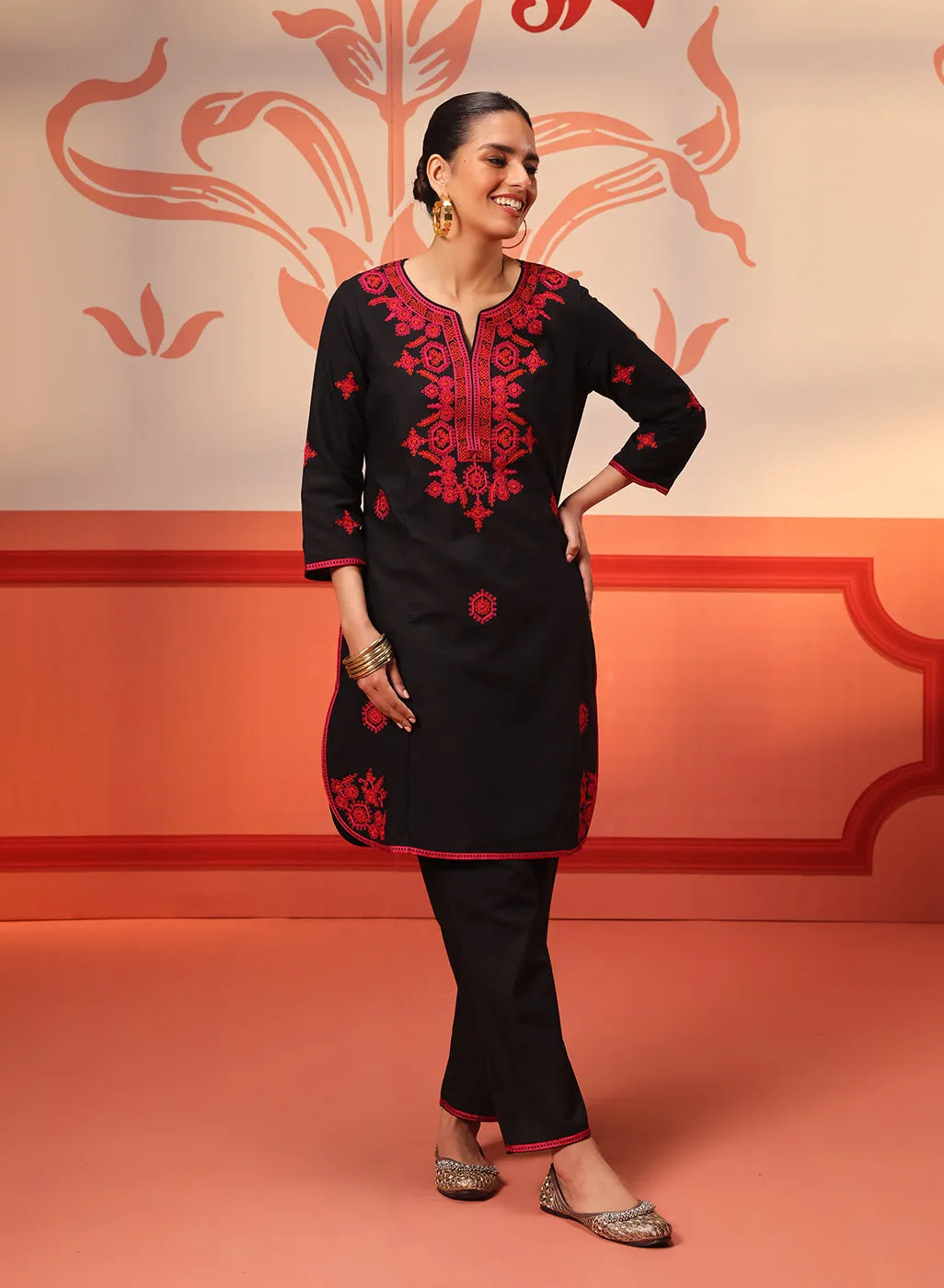 Jannat Black Embroidered Cotton Linen Designer Kurta Set