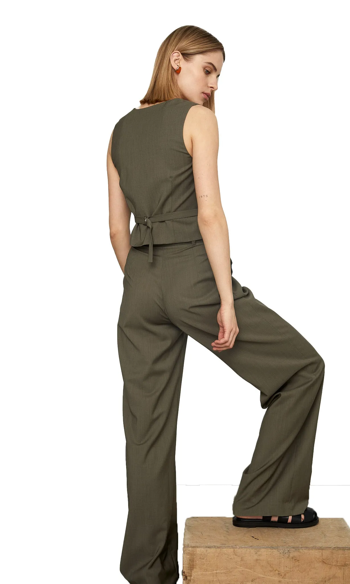 KHAKI WOOL WIDE-LEG PANTS