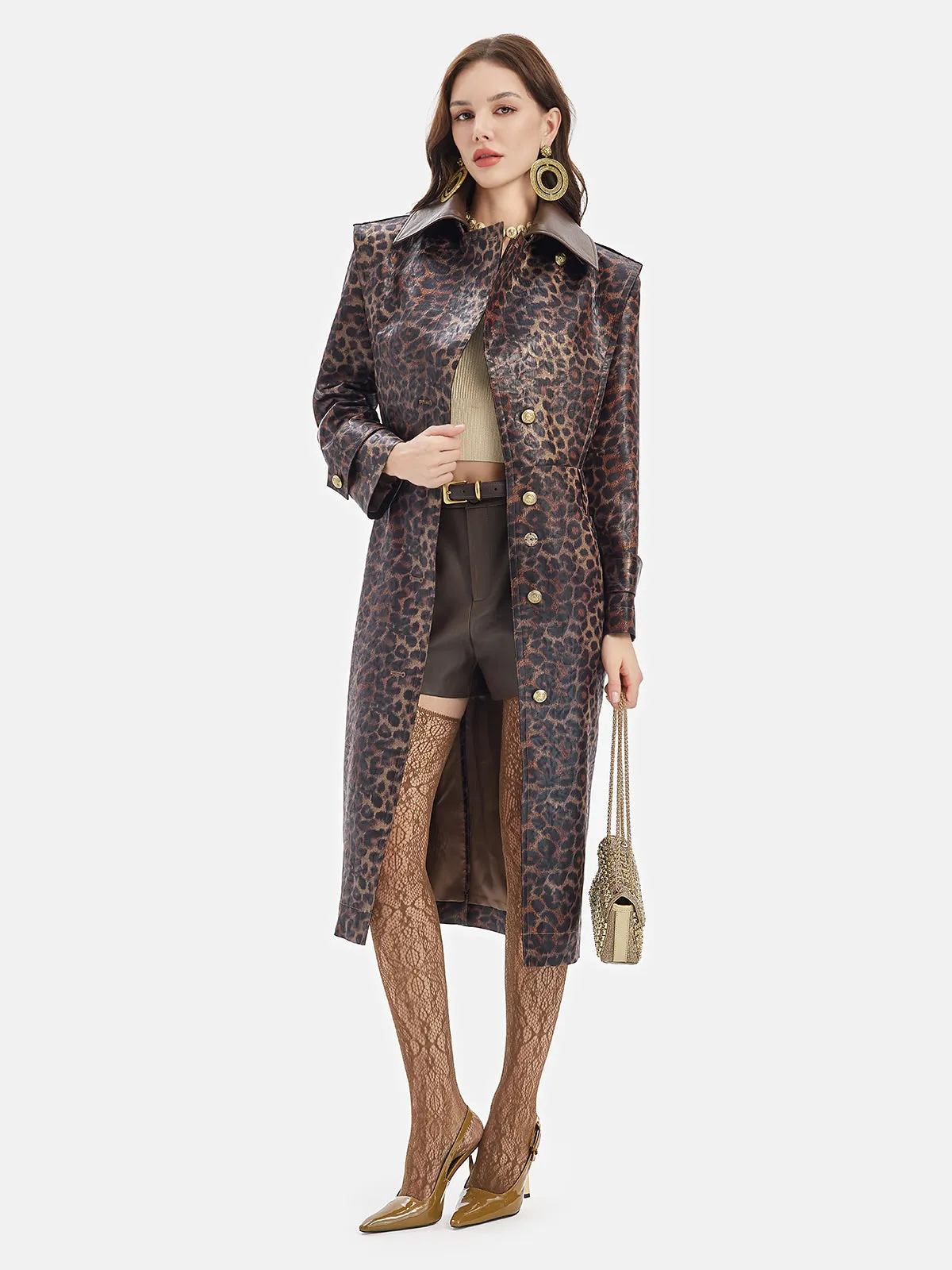 Leopard Print Detachable Collar Coat