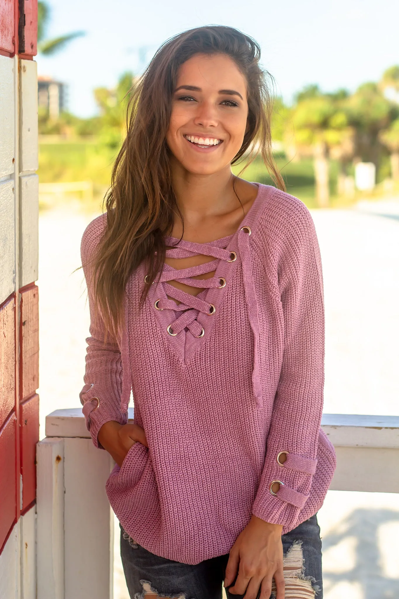 Lilac Lace Up Knit Sweater