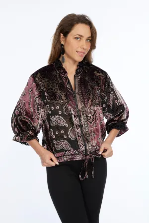 LIOR Women's Velvet Zipper Jacket Paisley Print 3/4 Ruffle Sleeves - "Jace"