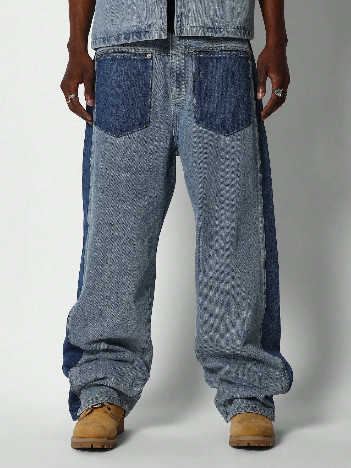 Loose Fit Baggy Colour Block Jeans With Patch Pocket And Side Panel