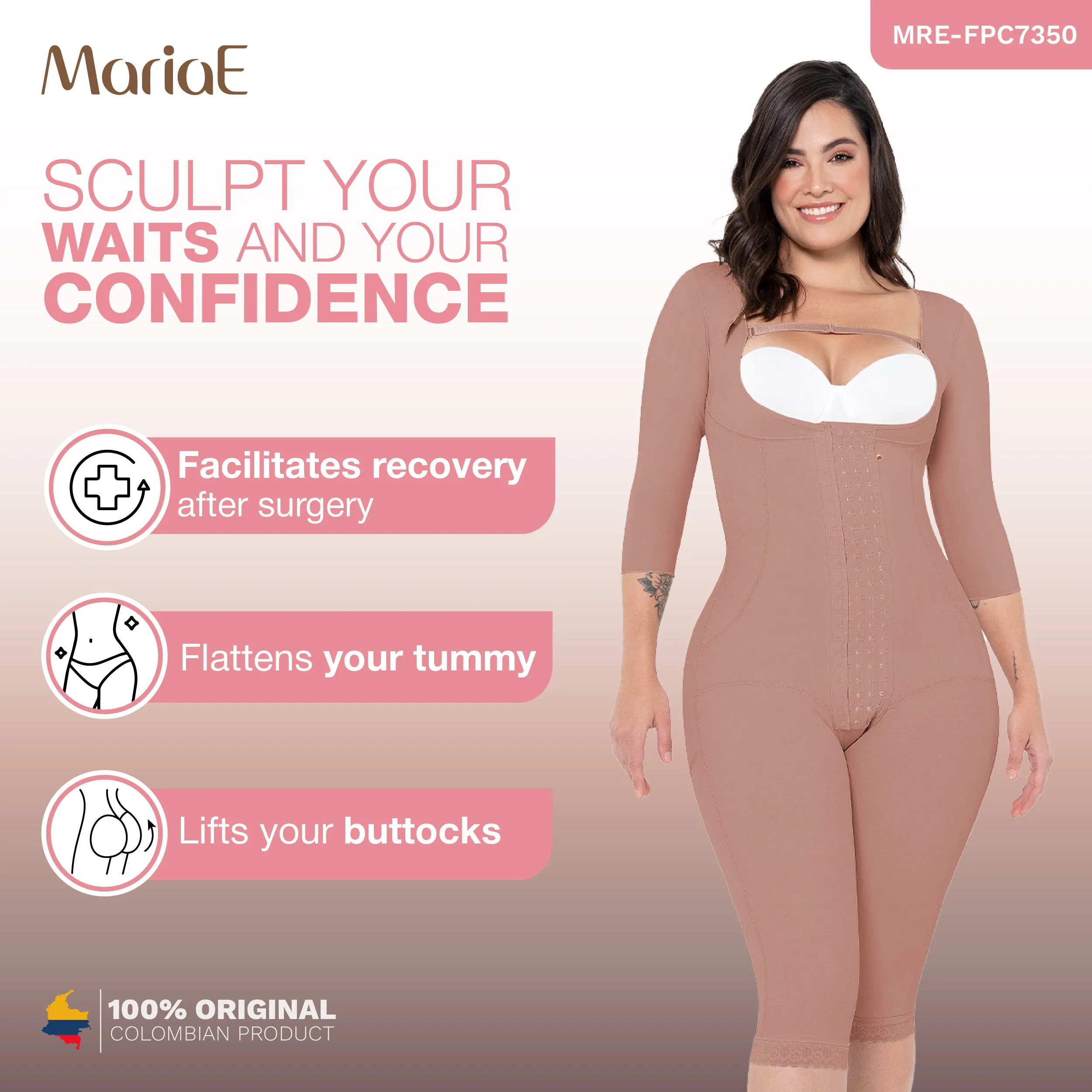 MARIAE FPC7350 Stage 2 Faja Colombiana Post Surgery Postpartum Shapewear for C-section with Sleeves Knee Length