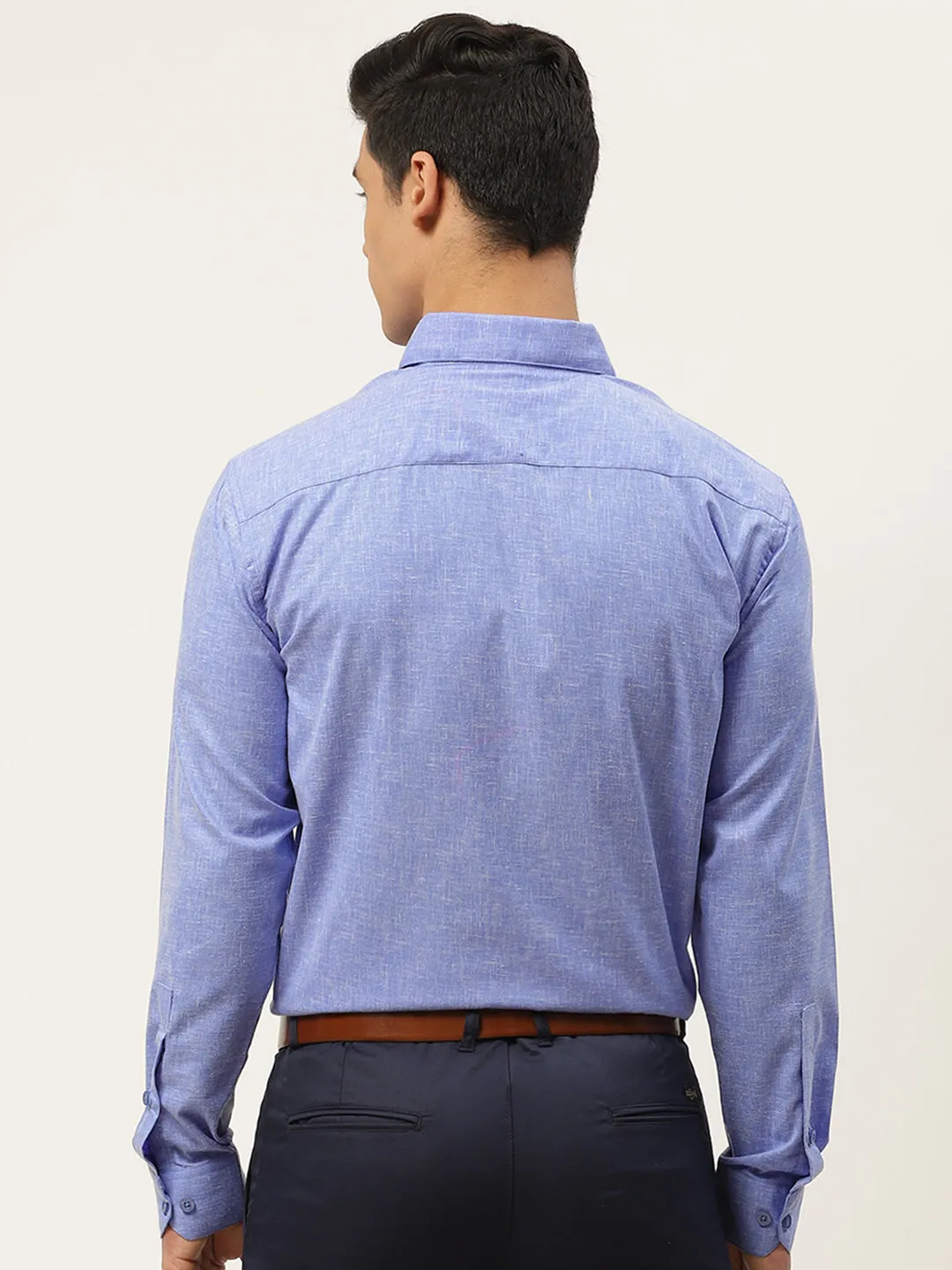 Mens Cotton Linen Blue Solid Formal Shirt - Sojanya