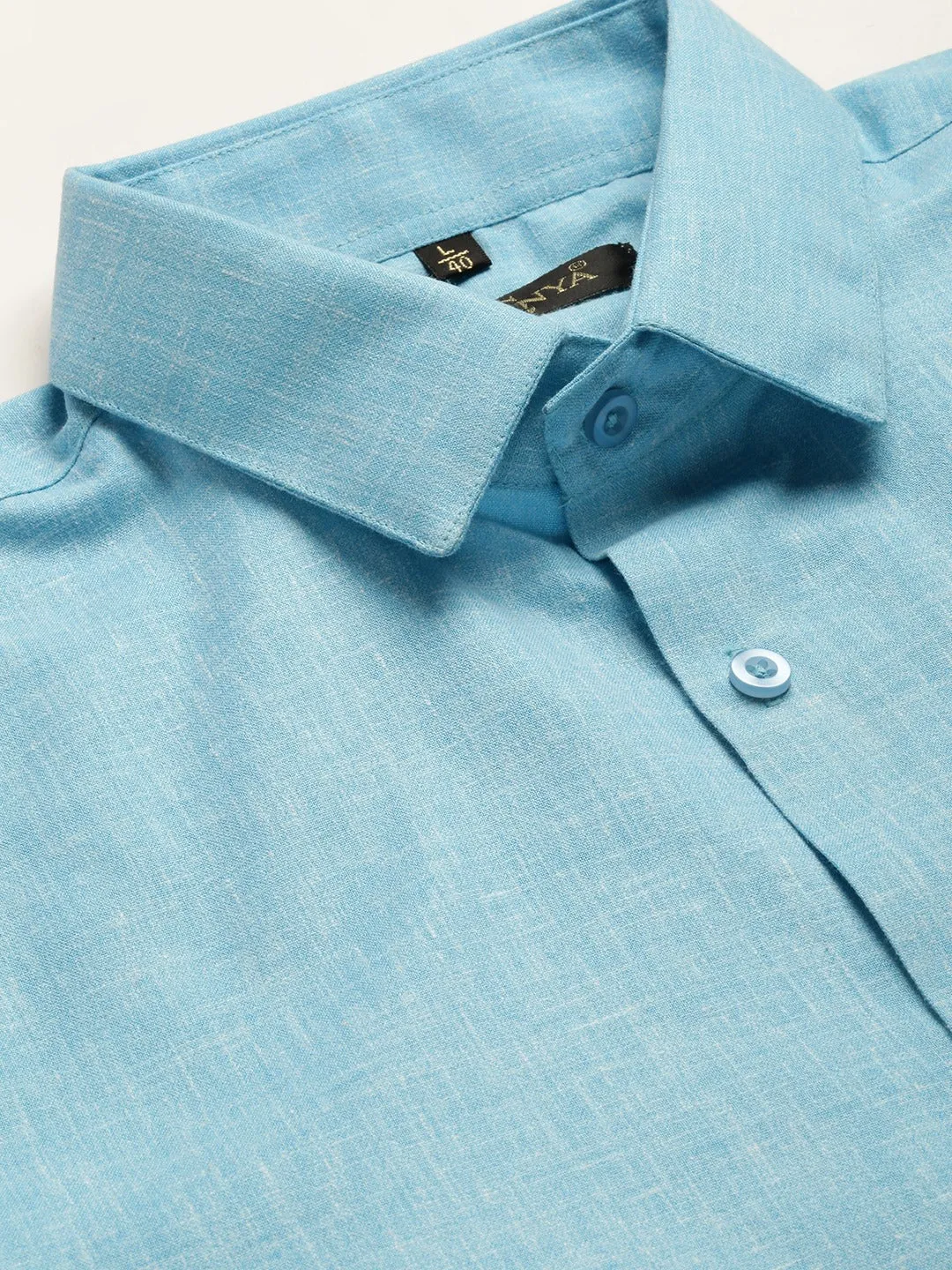 Mens Cotton Linen Sky Blue Solid Formal Shirt - Sojanya