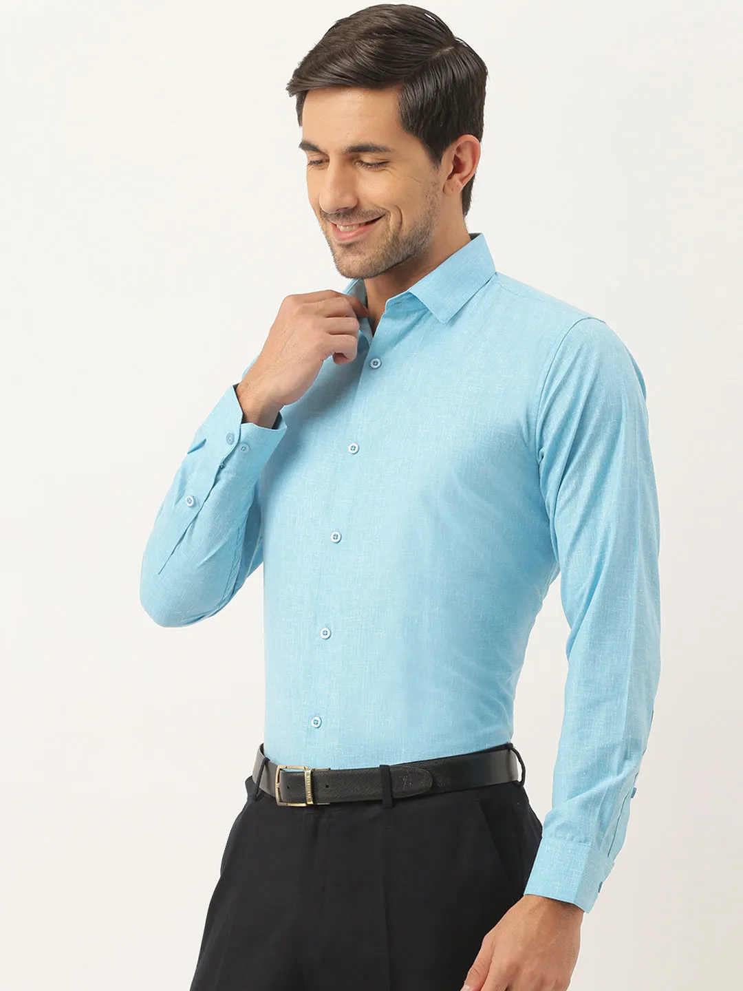 Mens Cotton Linen Sky Blue Solid Formal Shirt - Sojanya