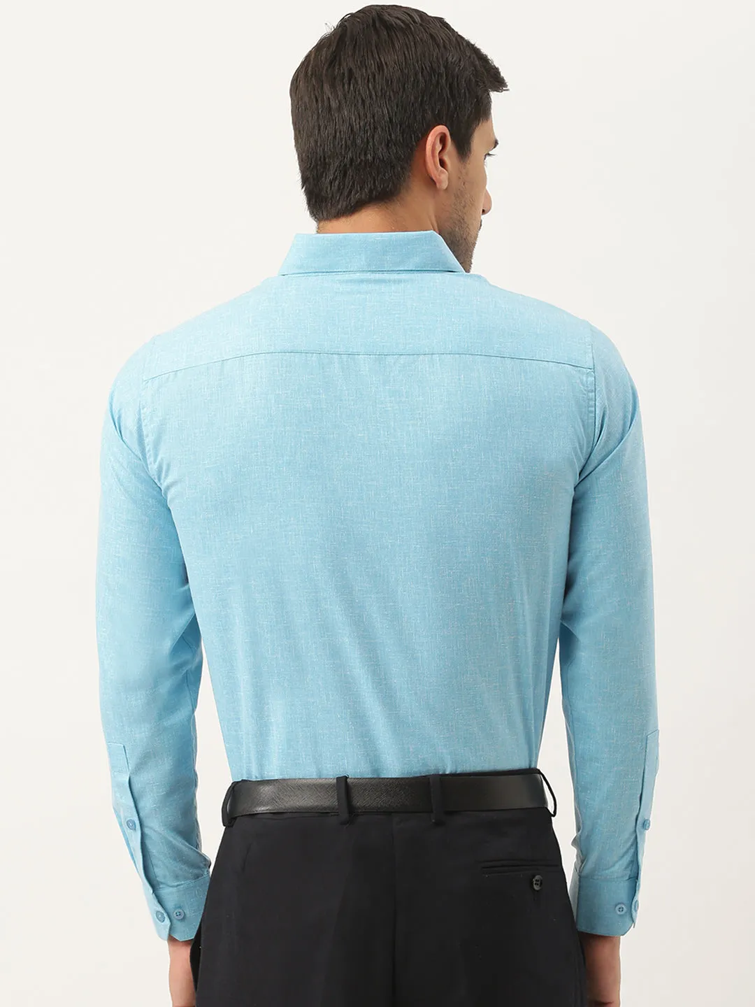 Mens Cotton Linen Sky Blue Solid Formal Shirt - Sojanya