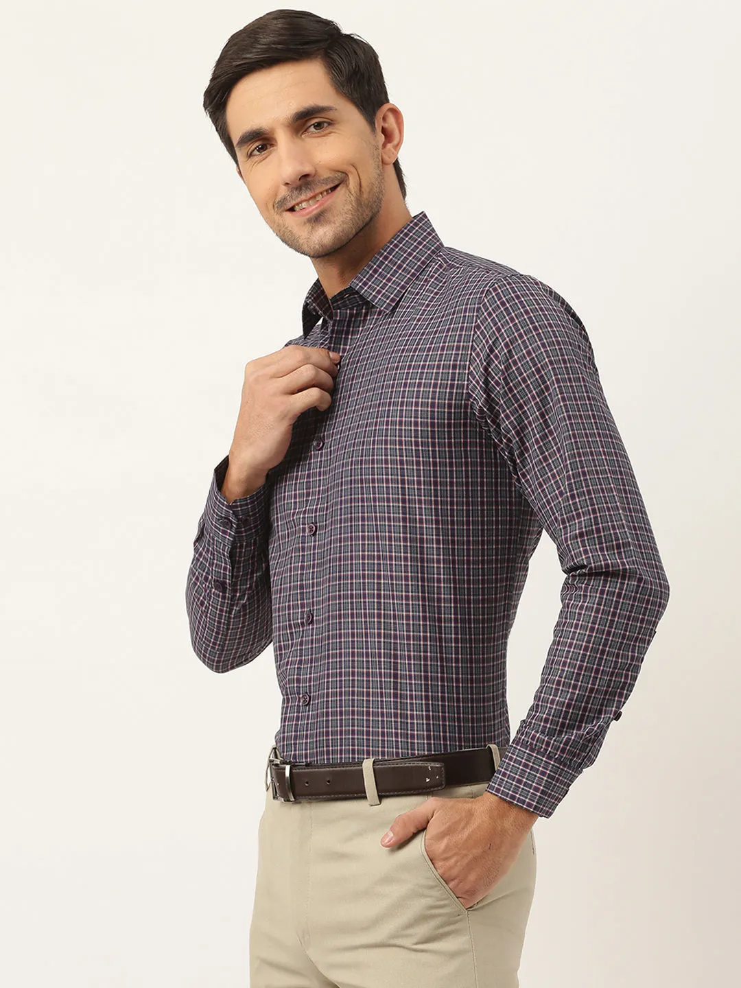 Mens Cotton Navy Blue & Grey Checked Formal Shirt - Sojanya