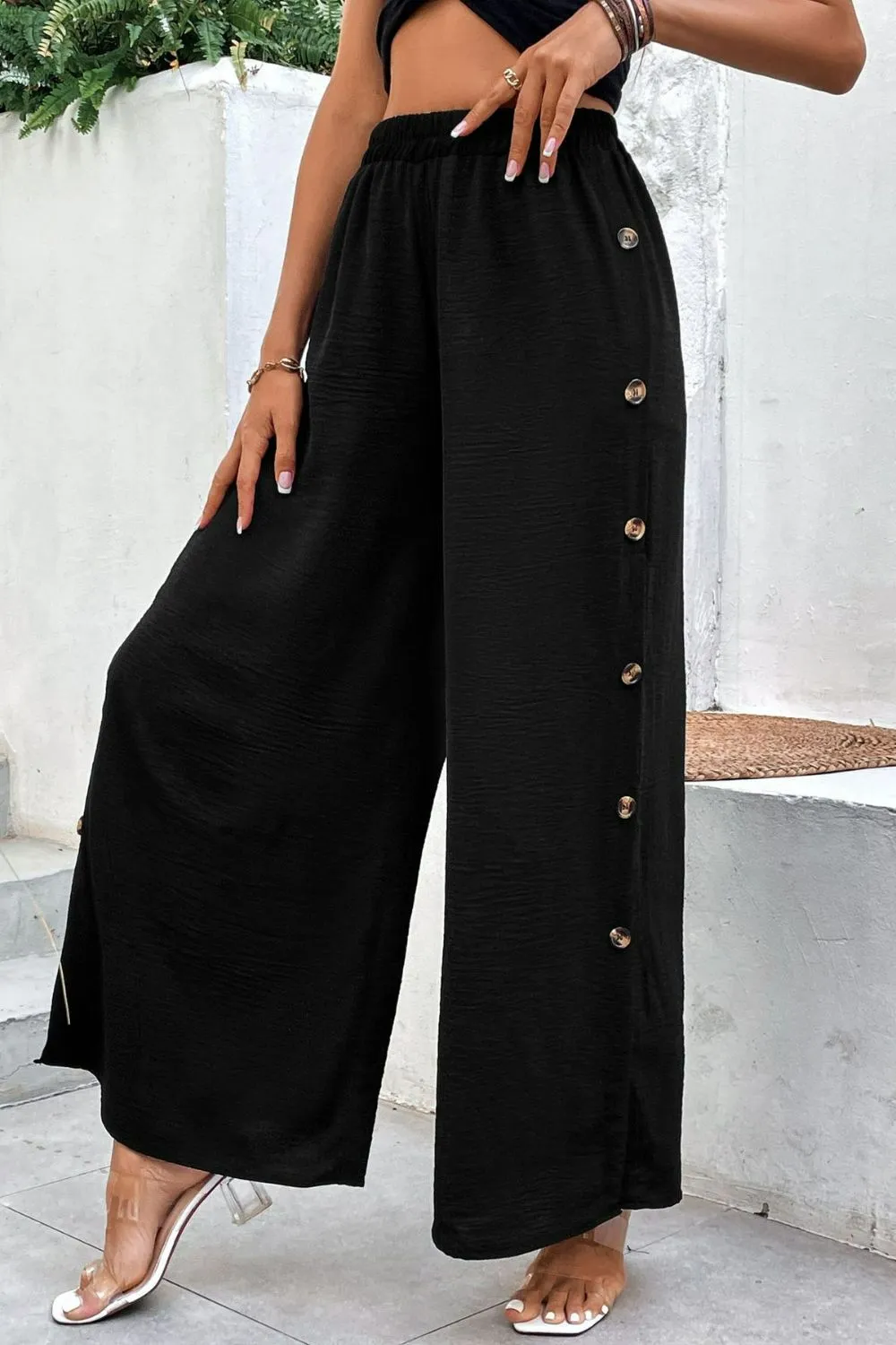 My Happy Place Button Detail Elastic Waist Wide Leg Pants