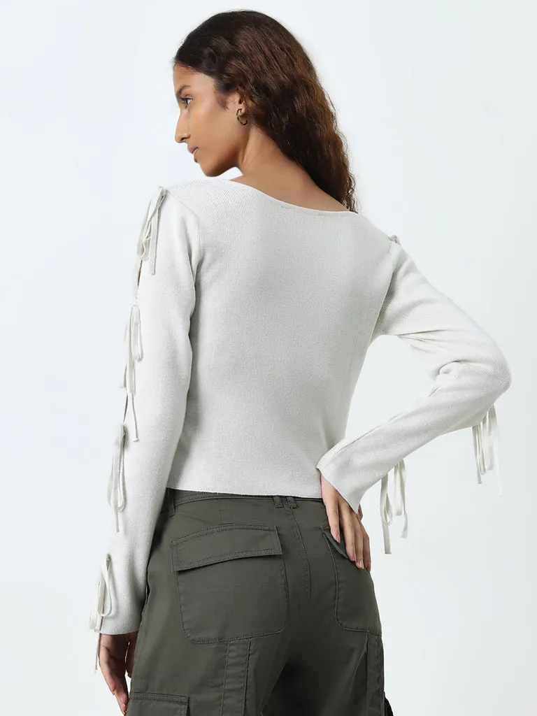 Nuon Ivory Ribbed Bow-Detailed Sweater