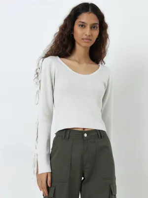 Nuon Ivory Ribbed Bow-Detailed Sweater