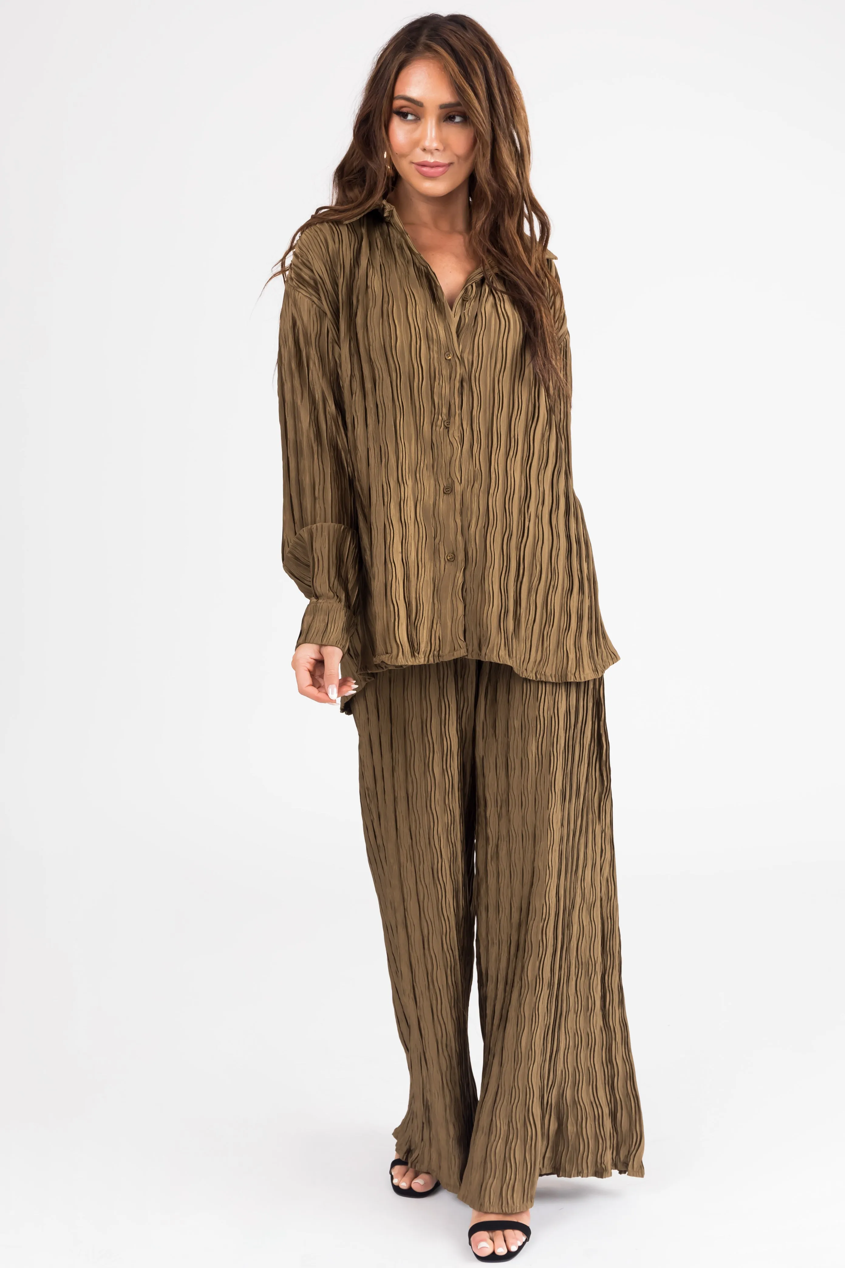 Olive Plisse Flowy Long Sleeve Button Down