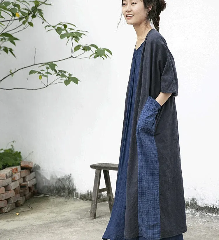 Patchwork Long Cotton Linen Cardigan