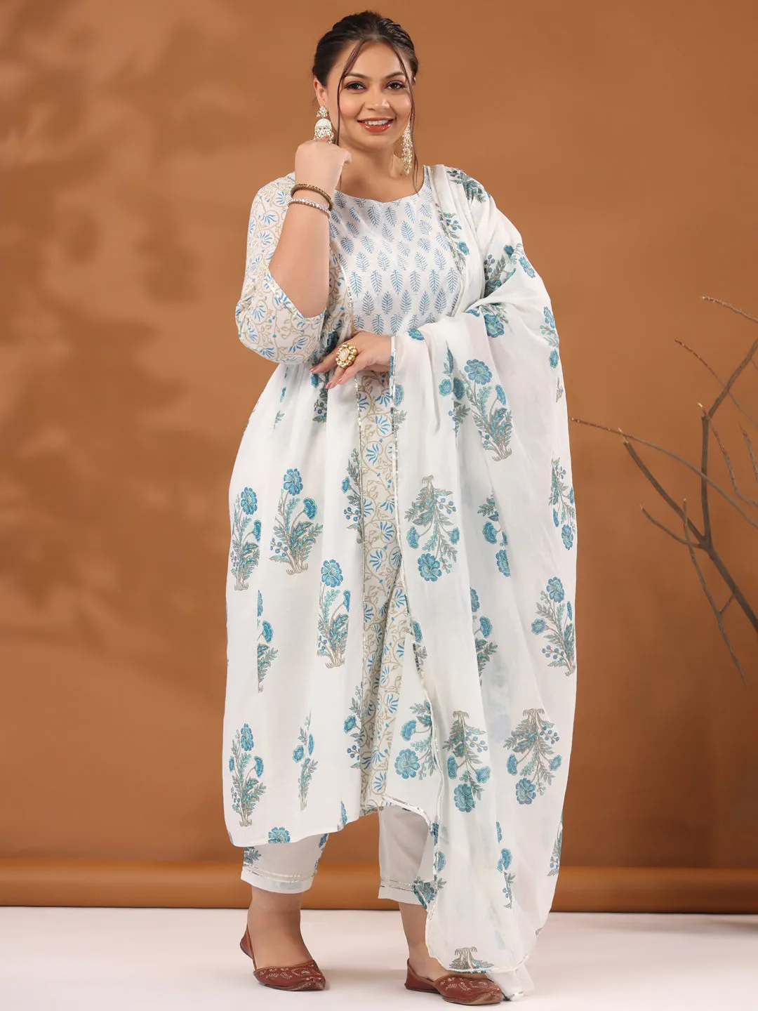 Plus Size White & Turquoise Blue Ethnic Printed Flared Kurta With Pants & Dupatta