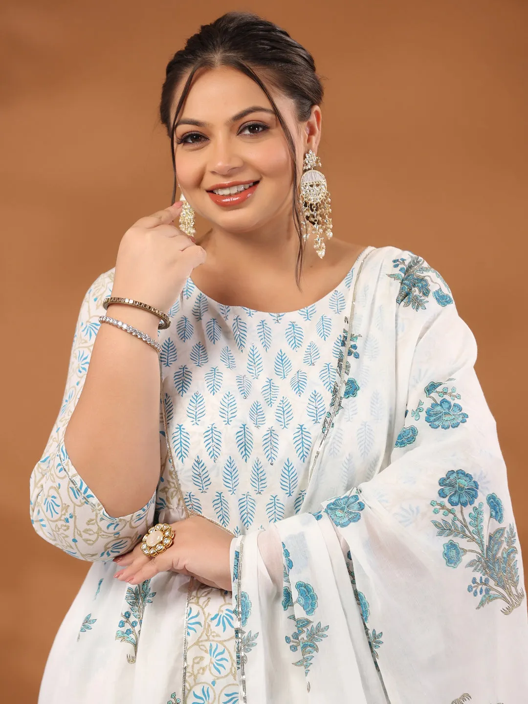 Plus Size White & Turquoise Blue Ethnic Printed Flared Kurta With Pants & Dupatta