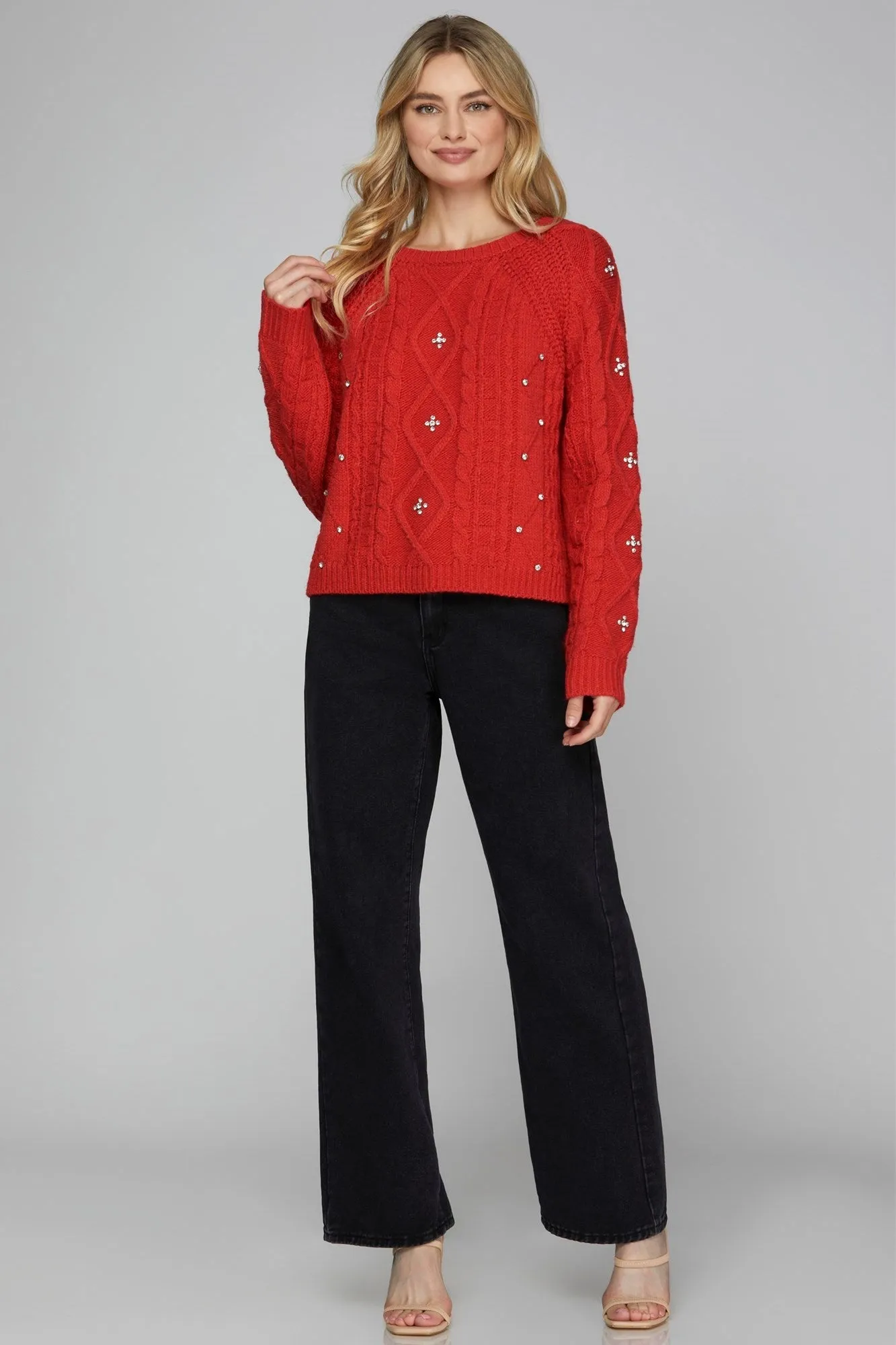 Rhinestone Cable Knit Sweater - Red