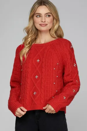 Rhinestone Cable Knit Sweater - Red