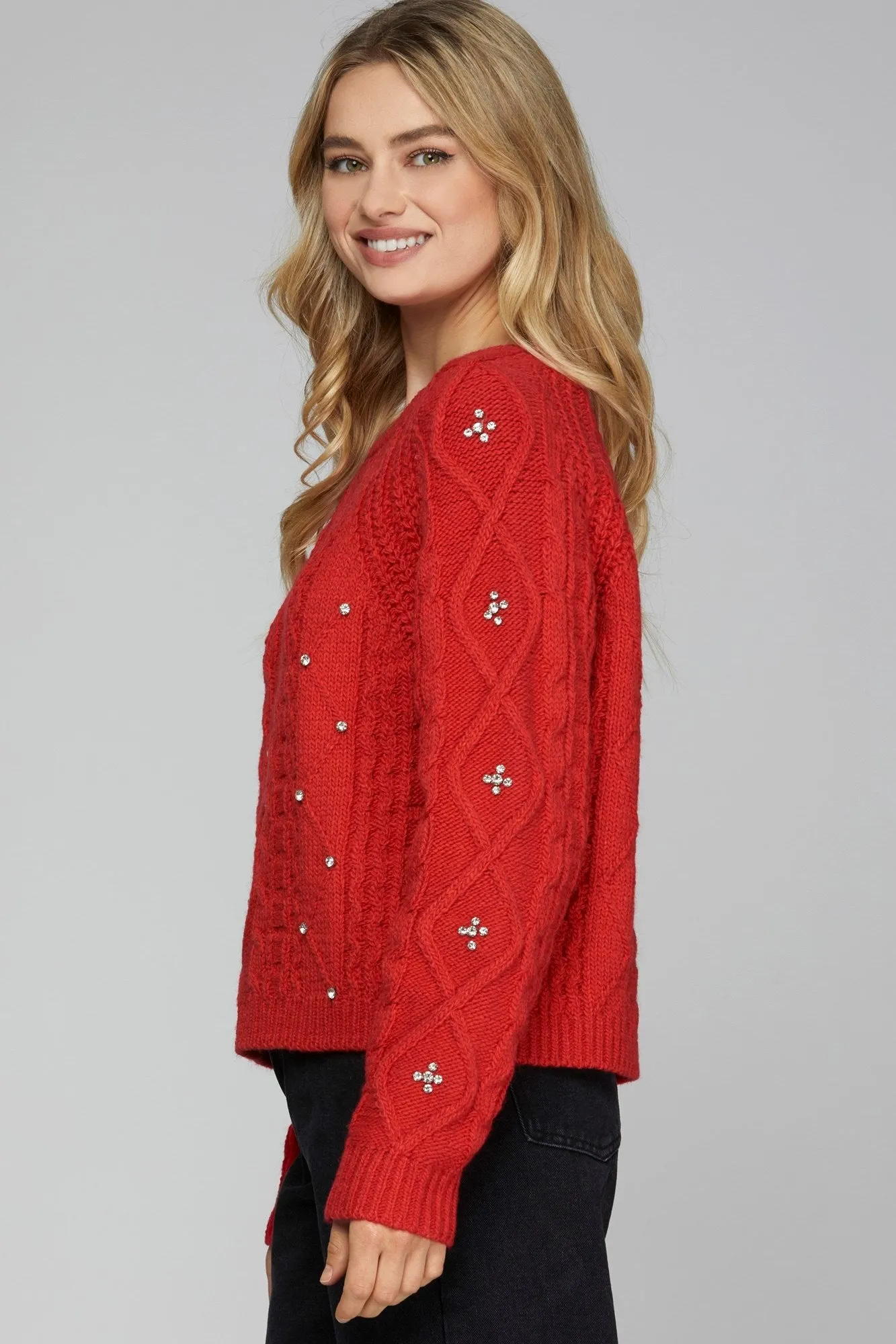 Rhinestone Cable Knit Sweater - Red