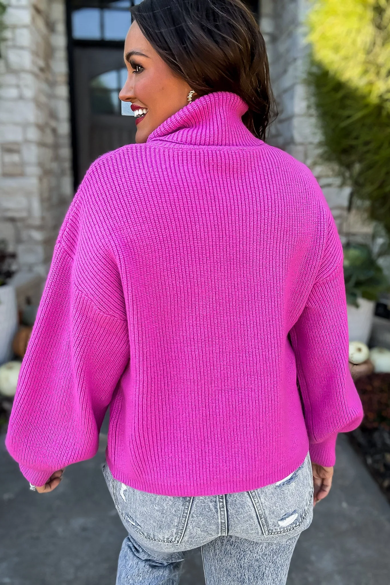 Rib Knitted Turtleneck Sweater with Bishop Sleeve