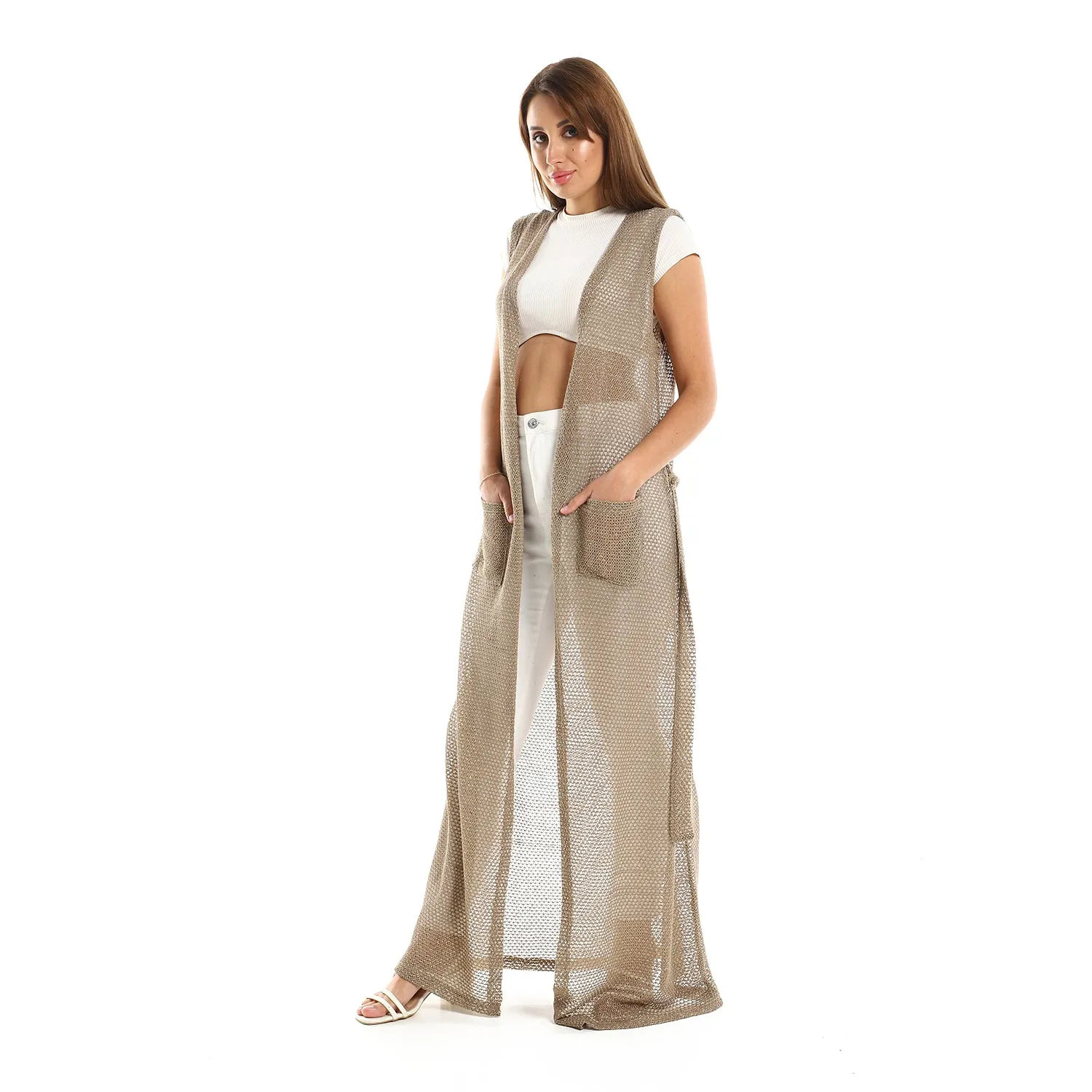 Sleeveles Perforated Long Cardigan - Kady