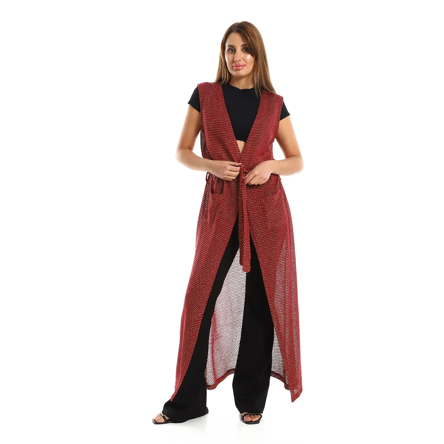 Sleeveles Perforated Long Cardigan - Kady