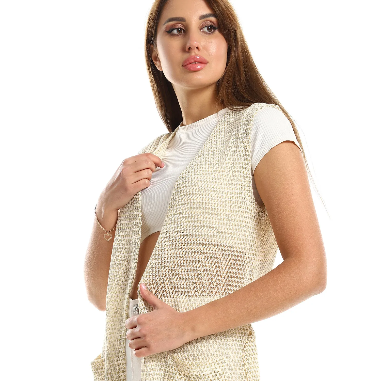 Sleeveles Perforated Long Cardigan - Kady