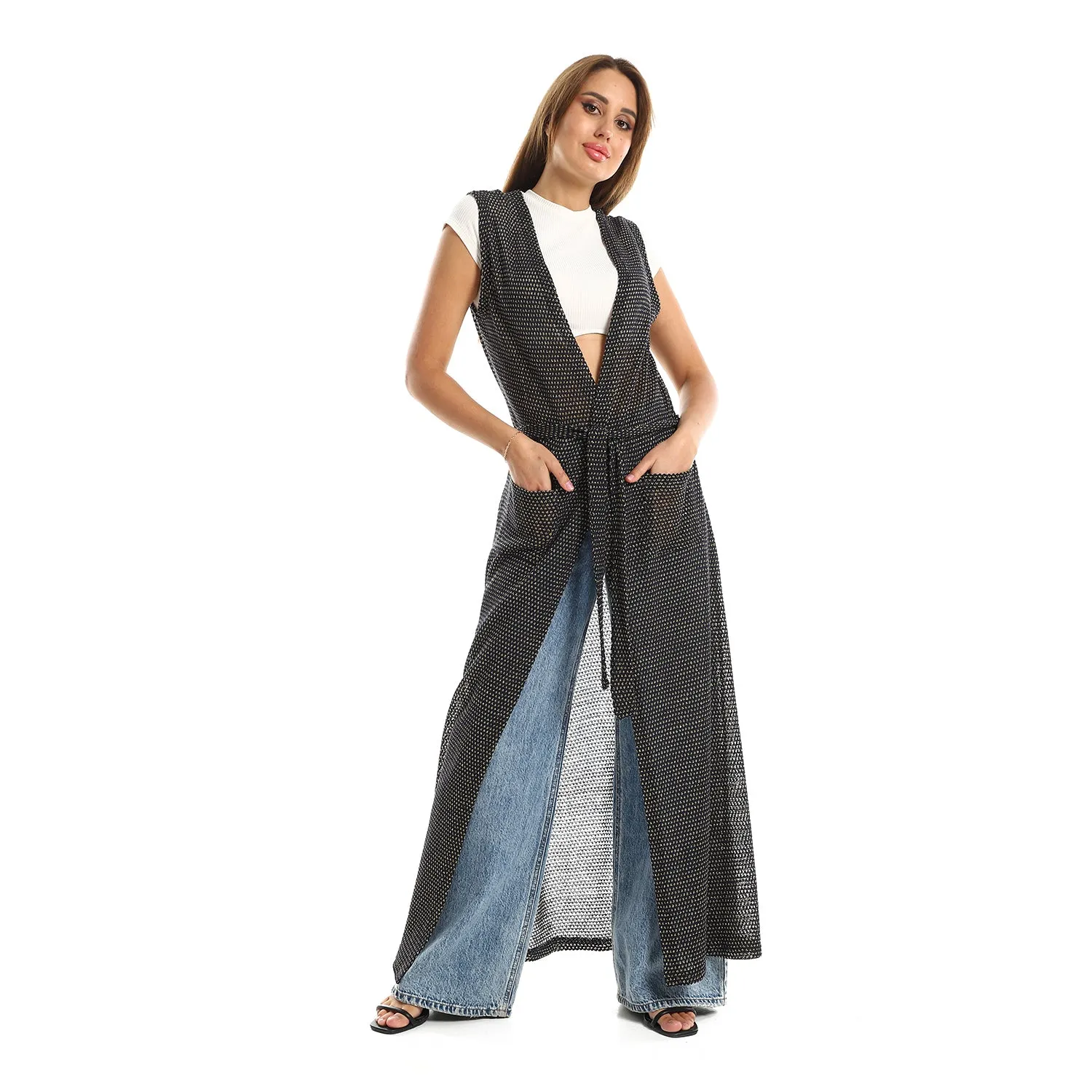 Sleeveles Perforated Long Cardigan - Kady