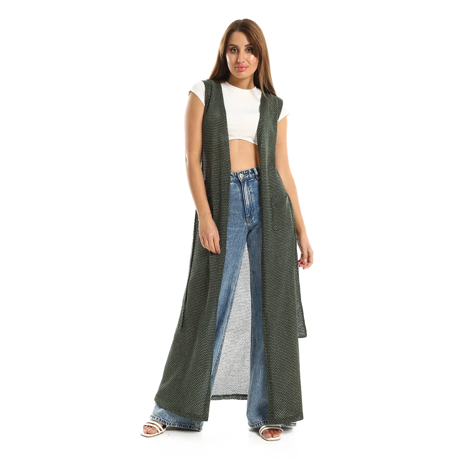 Sleeveles Perforated Long Cardigan - Kady