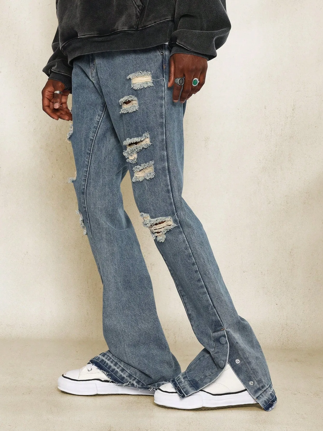 Slim Fit Ripped Denim Jean With Snap Button Side Split