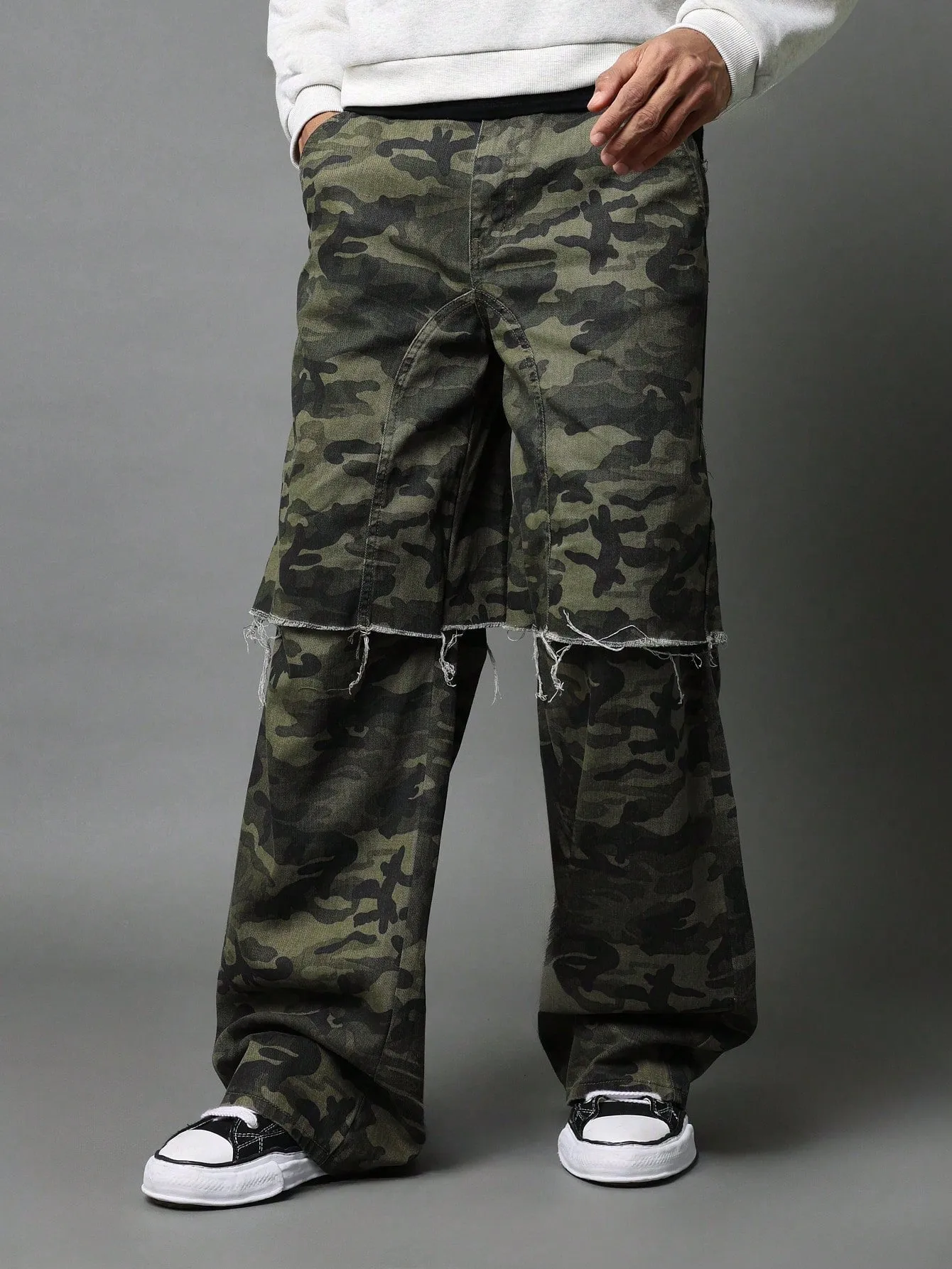 Straight Fit Raw Edge Layered Camouflage Jean