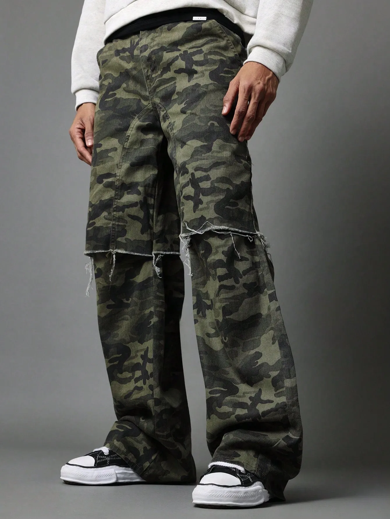 Straight Fit Raw Edge Layered Camouflage Jean