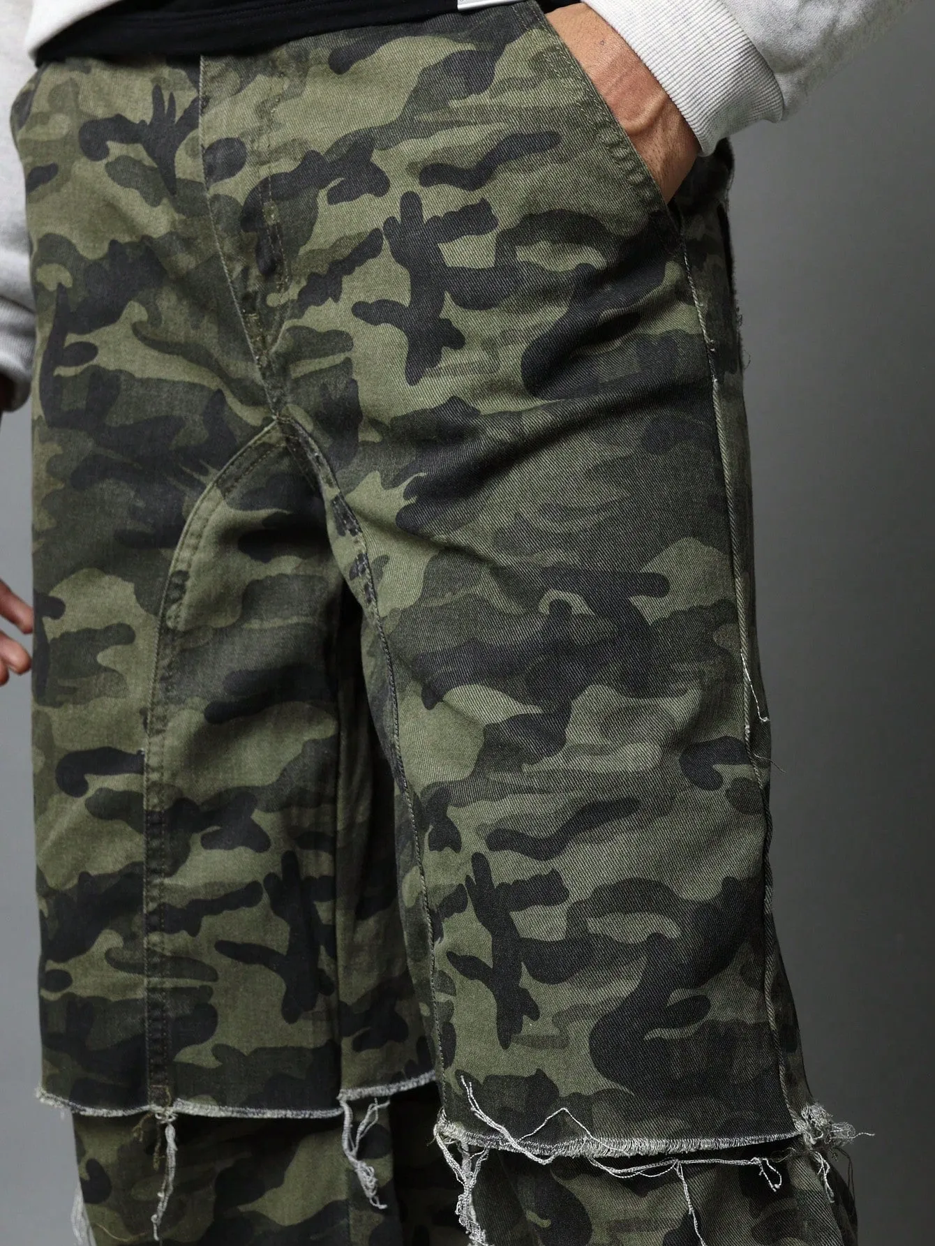 Straight Fit Raw Edge Layered Camouflage Jean