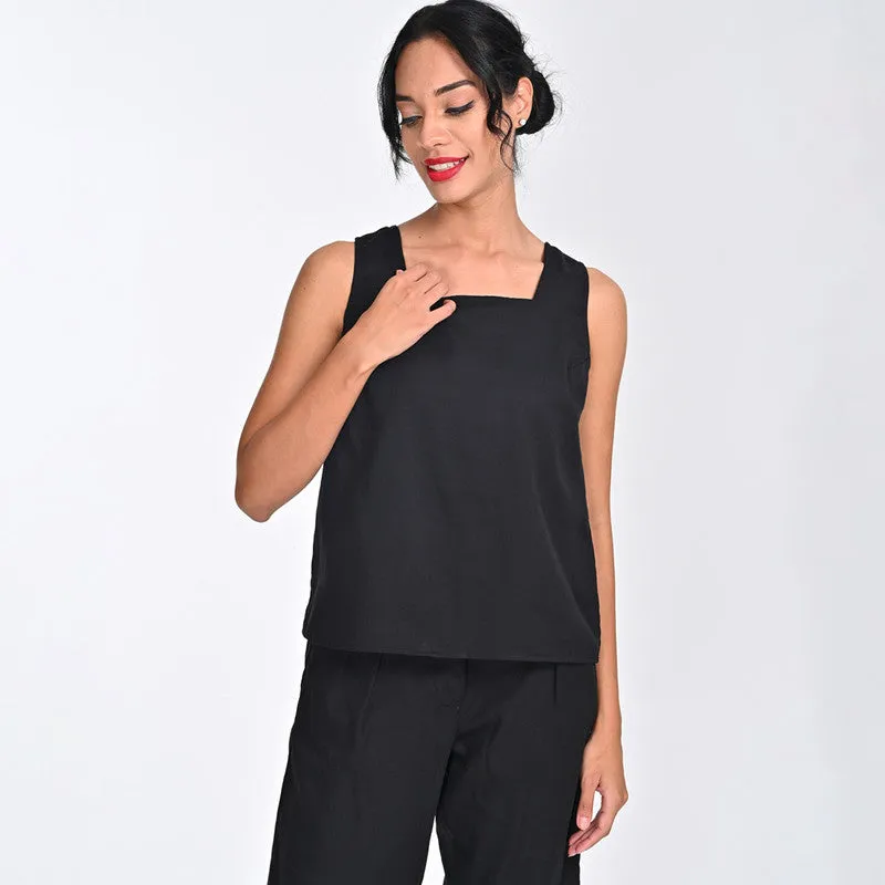 Tencel Top For Women | Square Neck | Sleeveless | Black