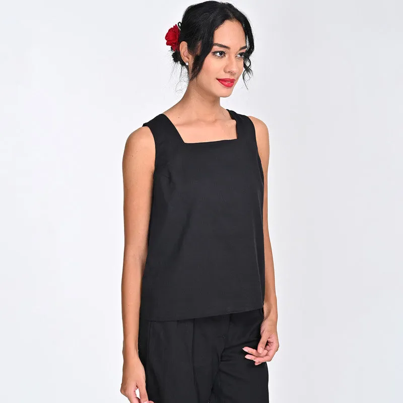 Tencel Top For Women | Square Neck | Sleeveless | Black