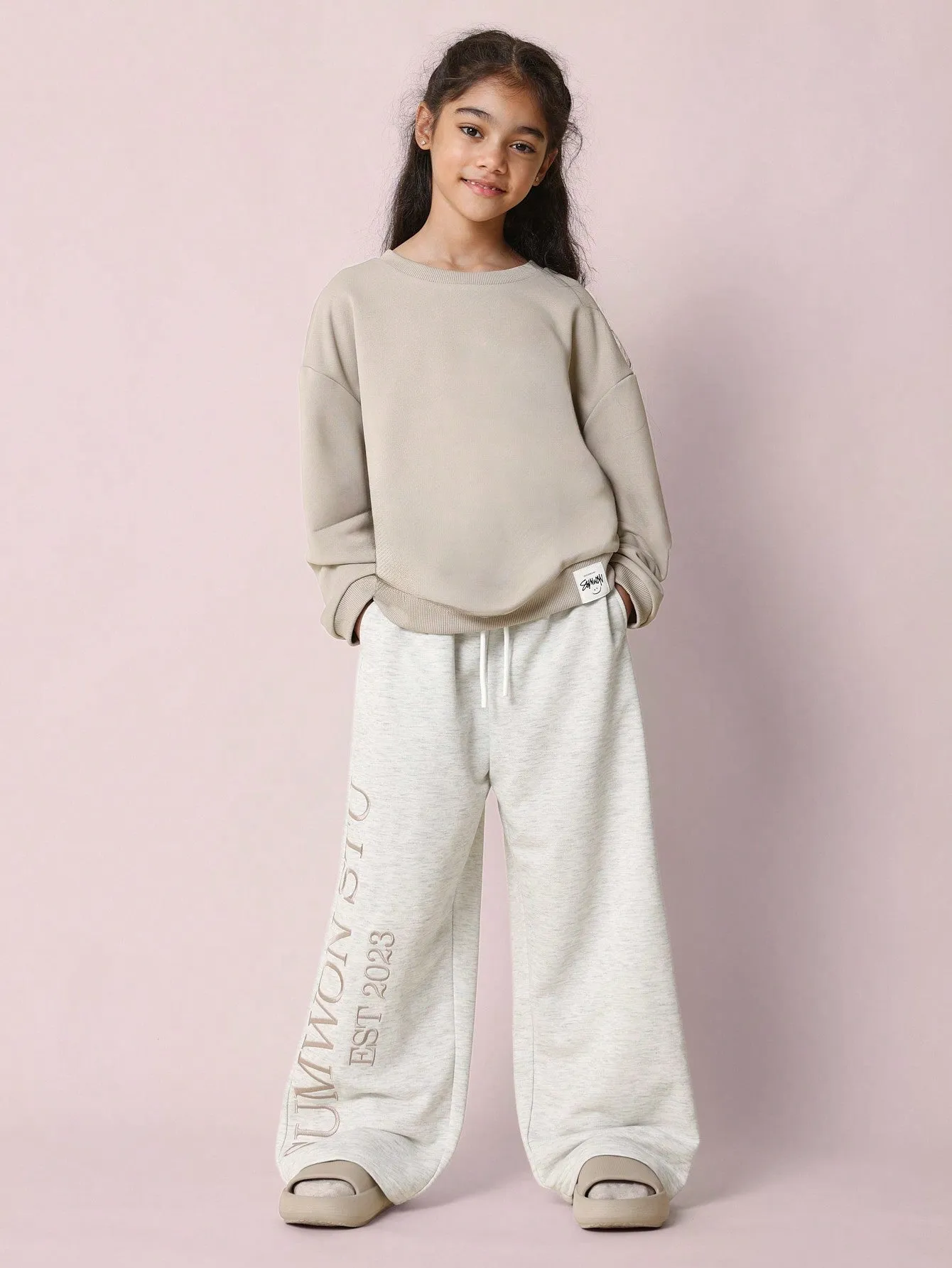 Tween Girls Comfy Wide Leg Sweatpants With Embroidery