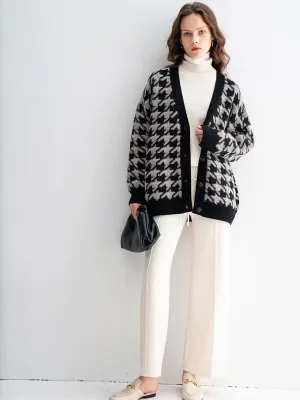 V-neck Thickened Cashmere Houndstooth Sweater Color-block Loose Cardigan