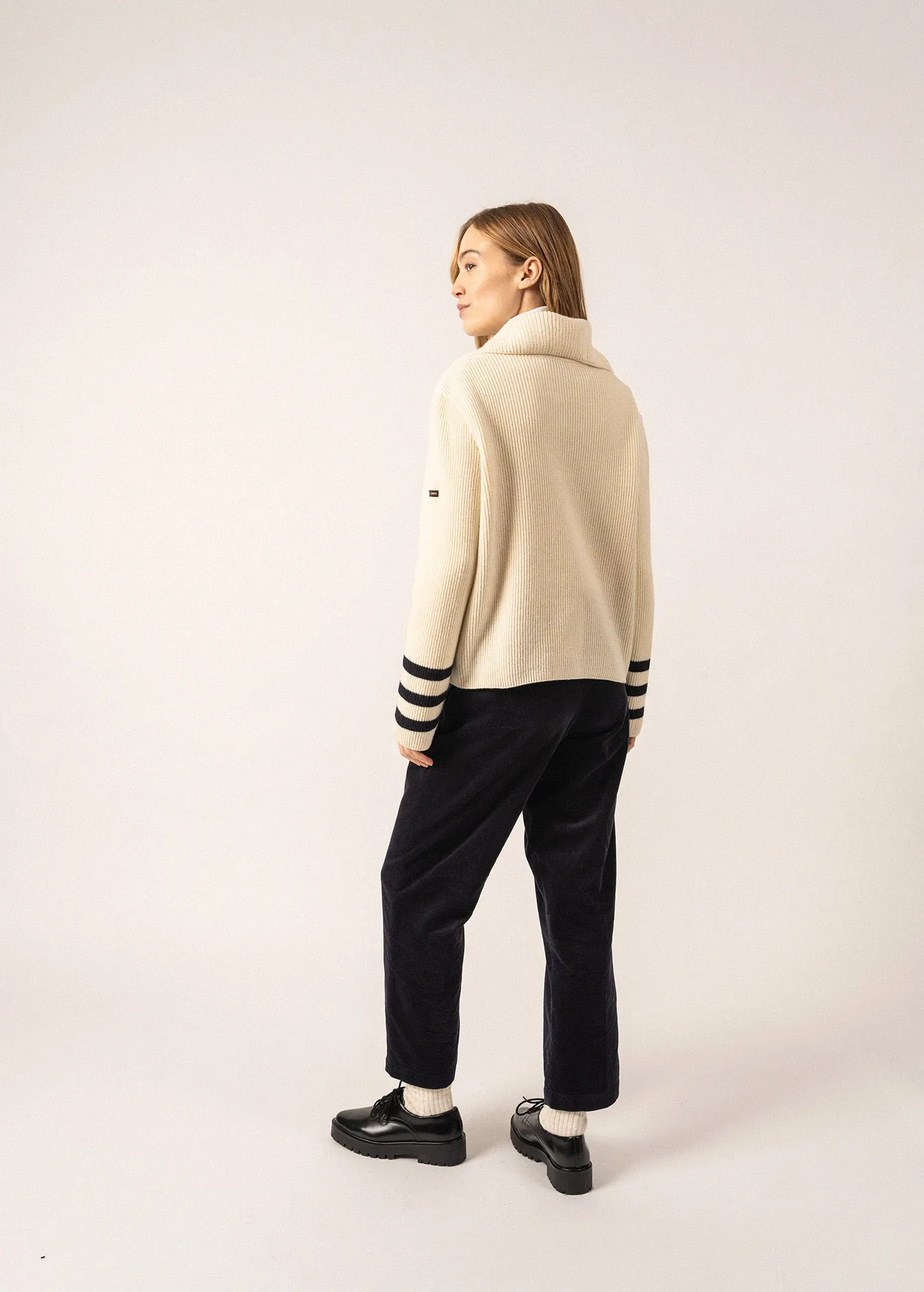 Vanoise Sailor-inspired High Neck Jumper - in wool, with striped details (ECUME/NAVY)