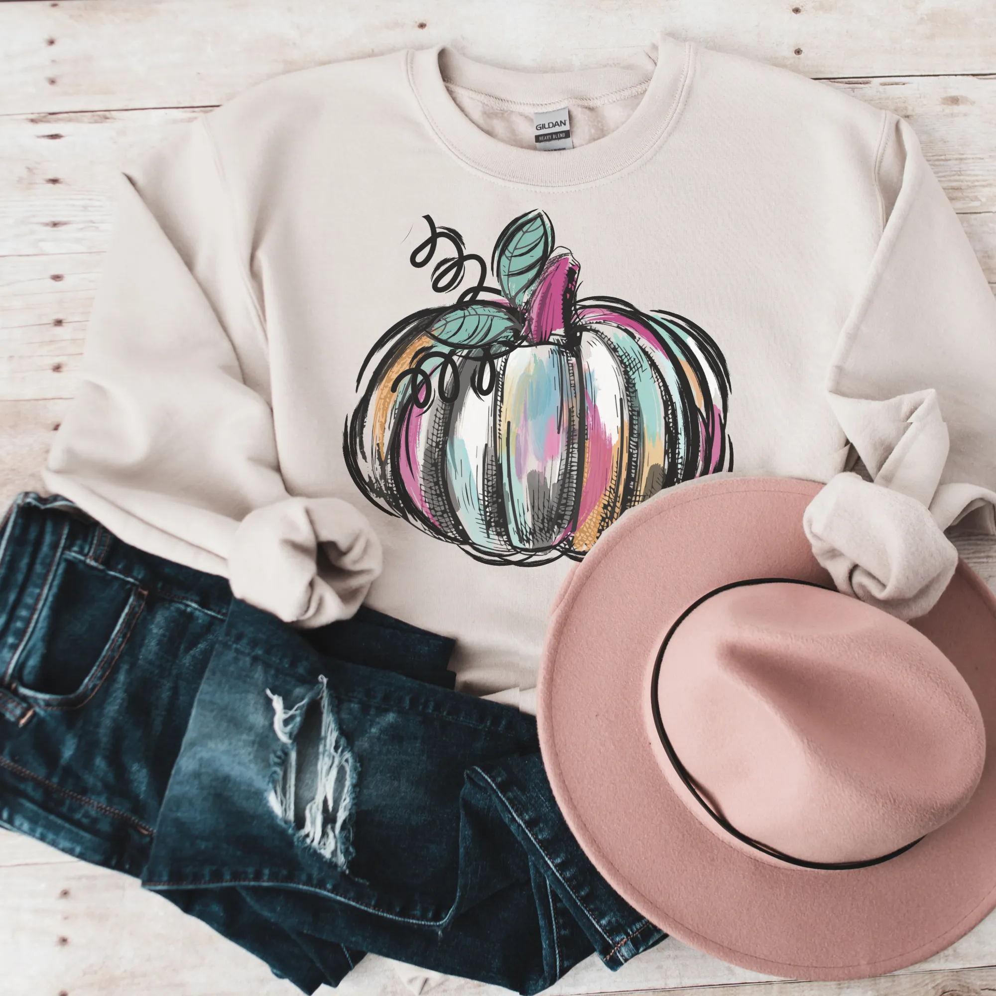 Watercolor Pumpkin Crewneck Sweatshirt Women's Hand Drawn Fall Autumn Design Gildan Pullover